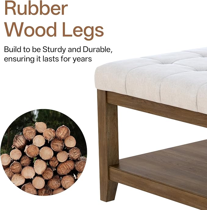 ABHENG 31.5” Large Square Storage Ottoman, Upholstery Solid Rubberwood Coffee