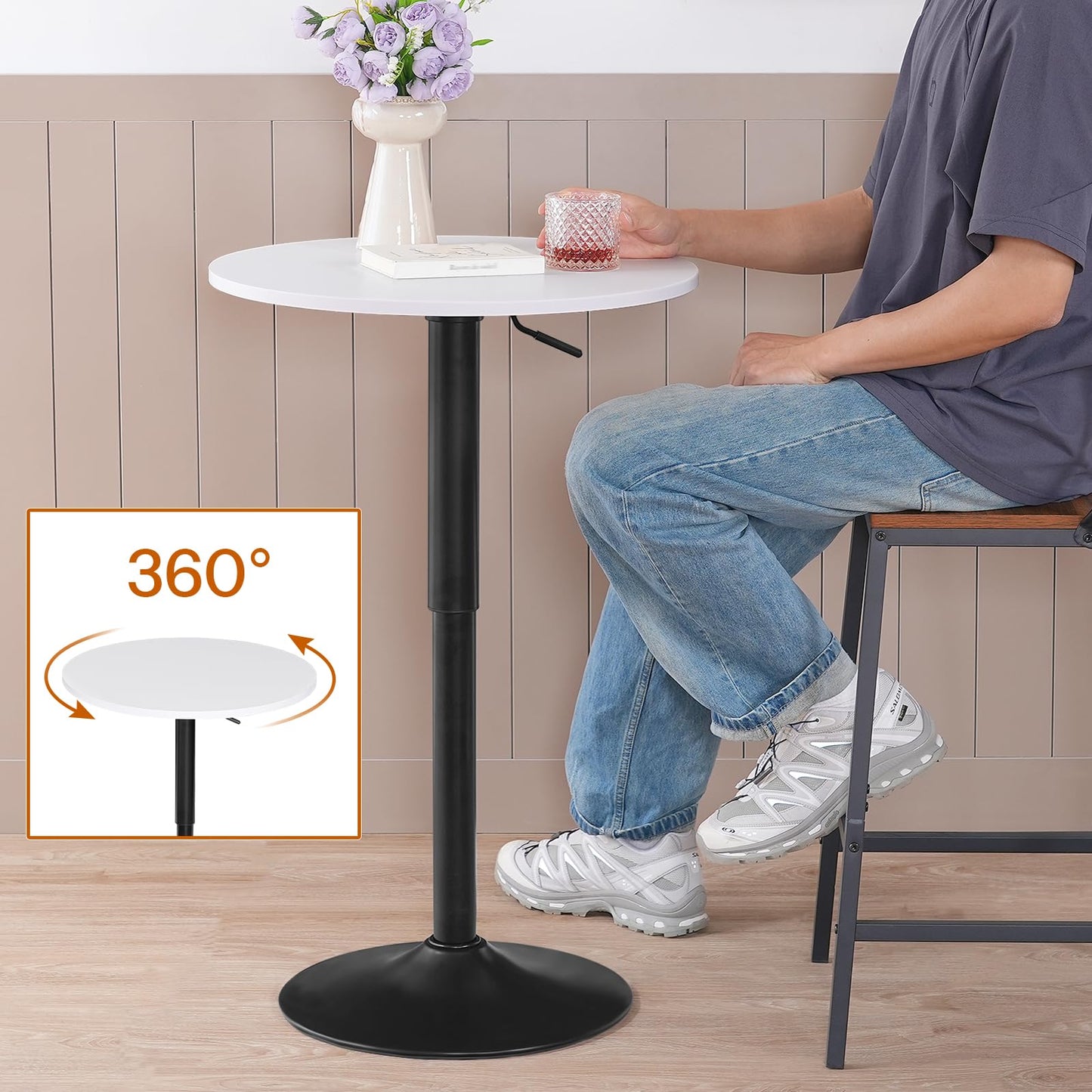 HOOBRO Bar Table, Height-Adjustable Round Pub Table 27-35.4 Inches with Sturdy Base, Modern Style, Easy to Assemble, Suitable for Small Space, White BW58BT01G1