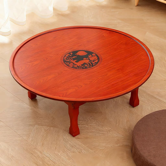 Folding Coffee Table, Rustic Wood Floor Round Table with Chinese Lucky Deer Pattern, Portable Low Dining Tables for Tatami, Living Room, Bedroom, Picnic, Red Brown (Size : 80CM/31.5IN)