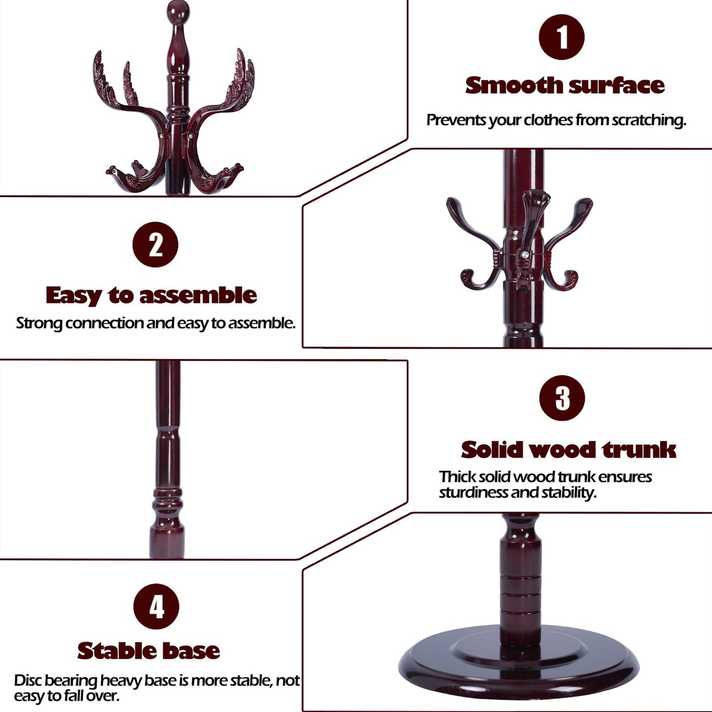 Sauqzoh Coat Racks Free Standing with 14 Hooks, Natural Wood Coat Stands for Entryway, Adjustable Height 72 in Tree Coat Rack Stand for Hallway Home Office Bedroom (Mahogany Phoenix)