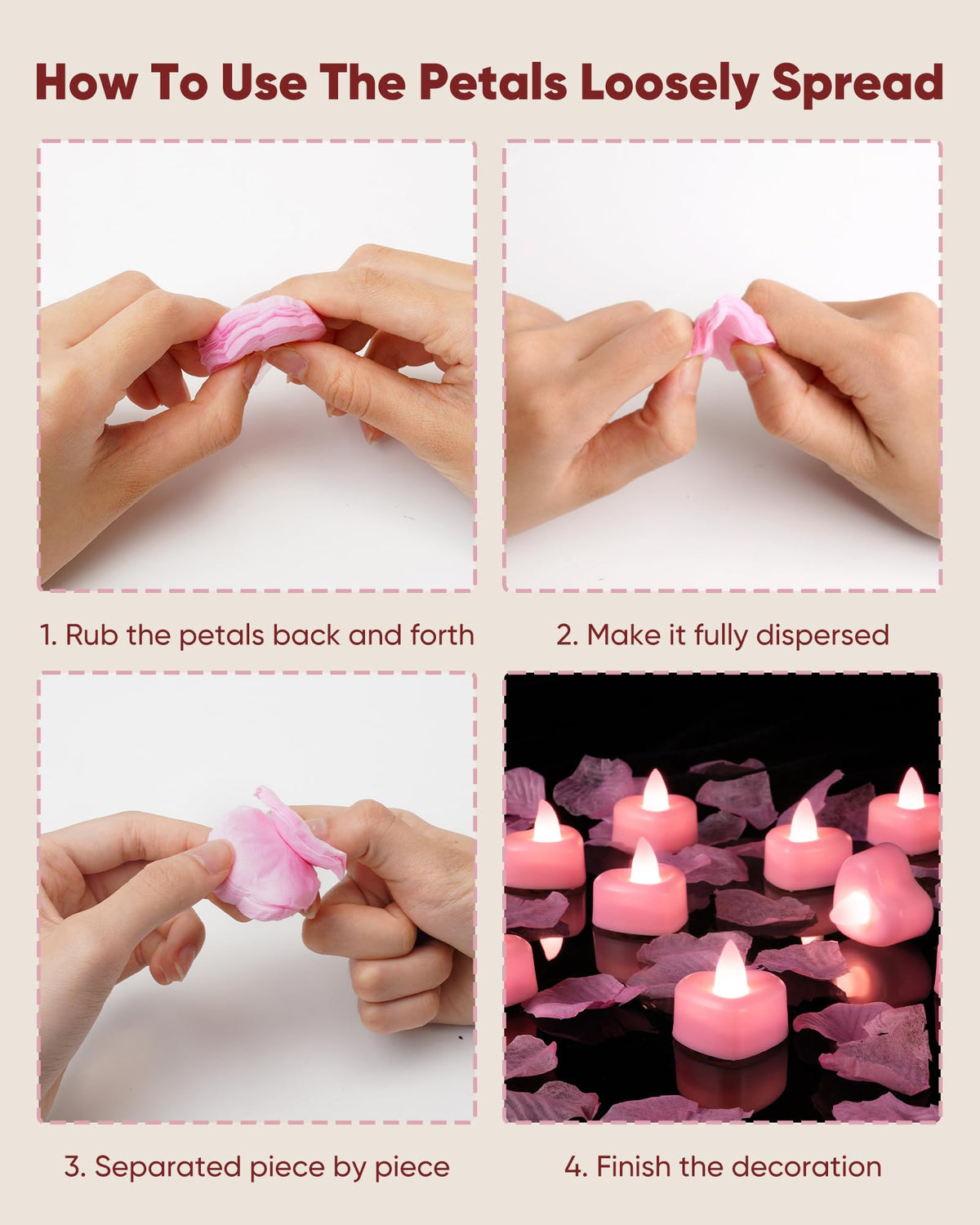 Amagic 4000 Pieces Pink Artificial Rose Petals with 50 Pink Heart LED Tea Lights, Rose Petals and Candles Set for Proposal, Anniversary, Romantic Night, Wedding Decor