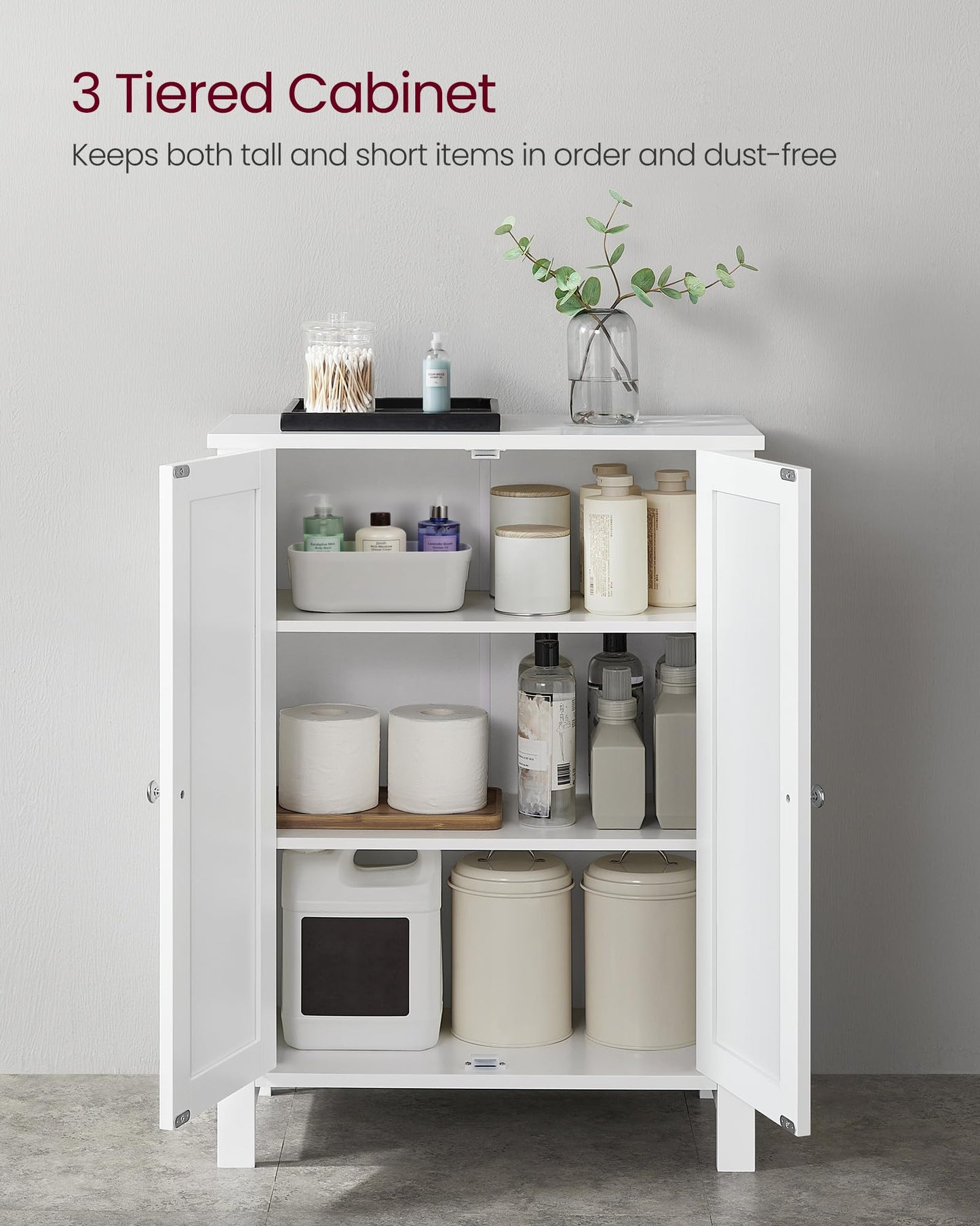 VASAGLE Floor Storage Cabinet, Freestanding Storage Unit with 2 Adjustable Shelves, for Bathroom Living Room Dining Kitchen, 11.8 x 23.6 x 31.5 Inches, Cloud White UBCB60WV1