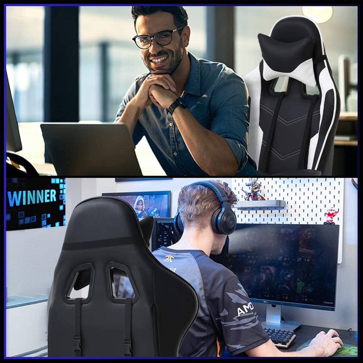 BestOffice | Ergonomic Gaming Chair | White | Reclining Computer Chair with Lumbar Support, Headrest Pillow, Adjustable Footrests | 360 Swivel with Heavy Duty Wheels | for Home & Office