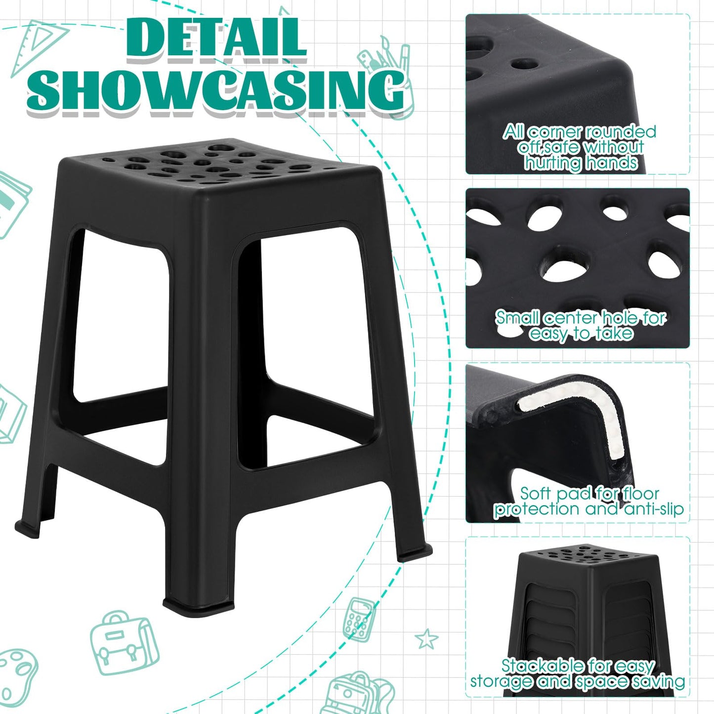 Leinuosen 6 Pcs Plastic Stool for Classroom 18 Inch Stackable School Stools Modern Portable Nesting Chair for Kids Students Classroom School Home Office (Black)