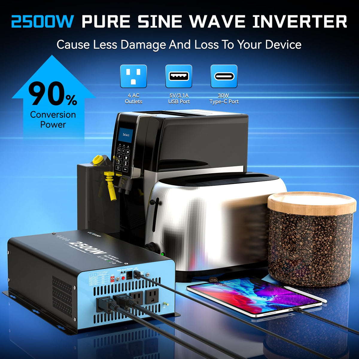 48V 2500W Pure Sine Wave Inverter 48V DC to 110V AC, 5000W Peak Power, 4 AC Outlets, USB & Type-C Port, Adjustable Input for Lithium Battery, Solar/Off-Grid Backup with LCD Remote