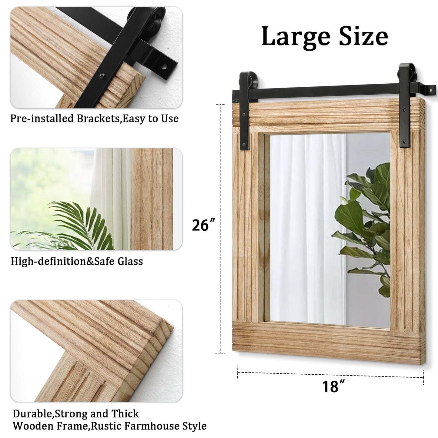 AAZZKANG Rustic Mirrors for Wall Large 26"x18" Rectangle Wood Frame Mirror with Metal Bracket Farmhouse Bedroom Living Room Decorative Wall-Mounted Mirror