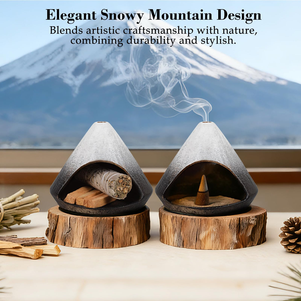 Fluvie Incense Burner Holder for Palo Santo Sticks,Sage,Cone,Mountain-Inspired Handcrafted Ceramic Ash Catcher Smudge Bowl for Yoga Meditation Energy Cleansing Room Décor,Black