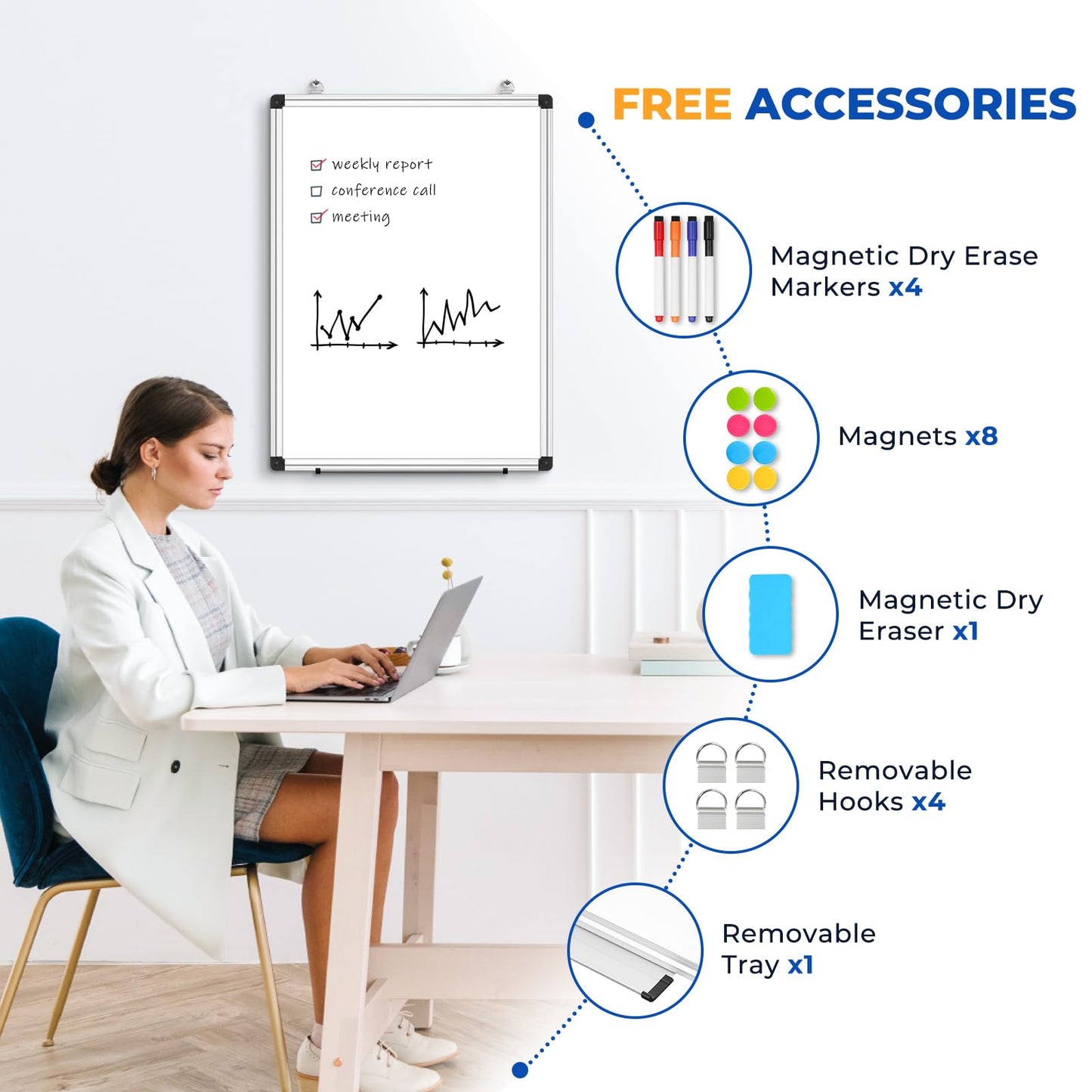 WALGLASS Double Sided White Board Dry Erase, 30''x20'' Magnetic Whiteboard for Wall with Aluminum Frame, Hanging Wall Mount Board for Home Office School Kitchen