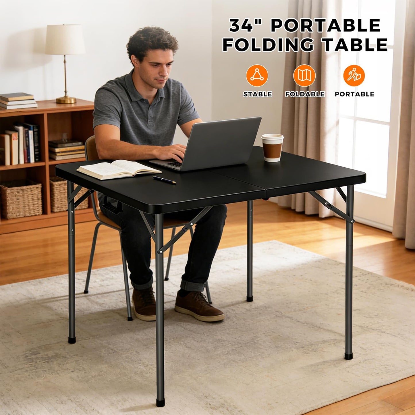 Vampire Killer 34" Square Folding Table, Portable Folding Card Table with Collapsible Legs & Carrying Handle, Plastic Tables for Camping,Picnic, Office, Party,Black