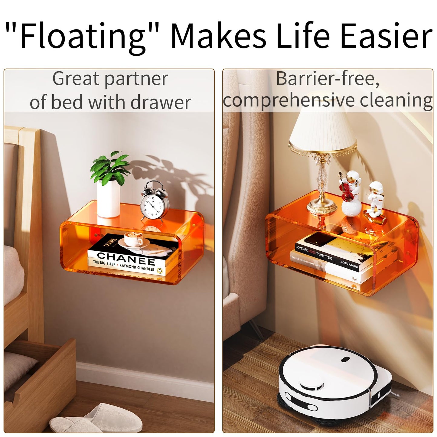 Acrylic Floating Nightstand, Bedside Table, Nightstand Shelf Wall Mounted Bedside Shelf (Orange, Small)
