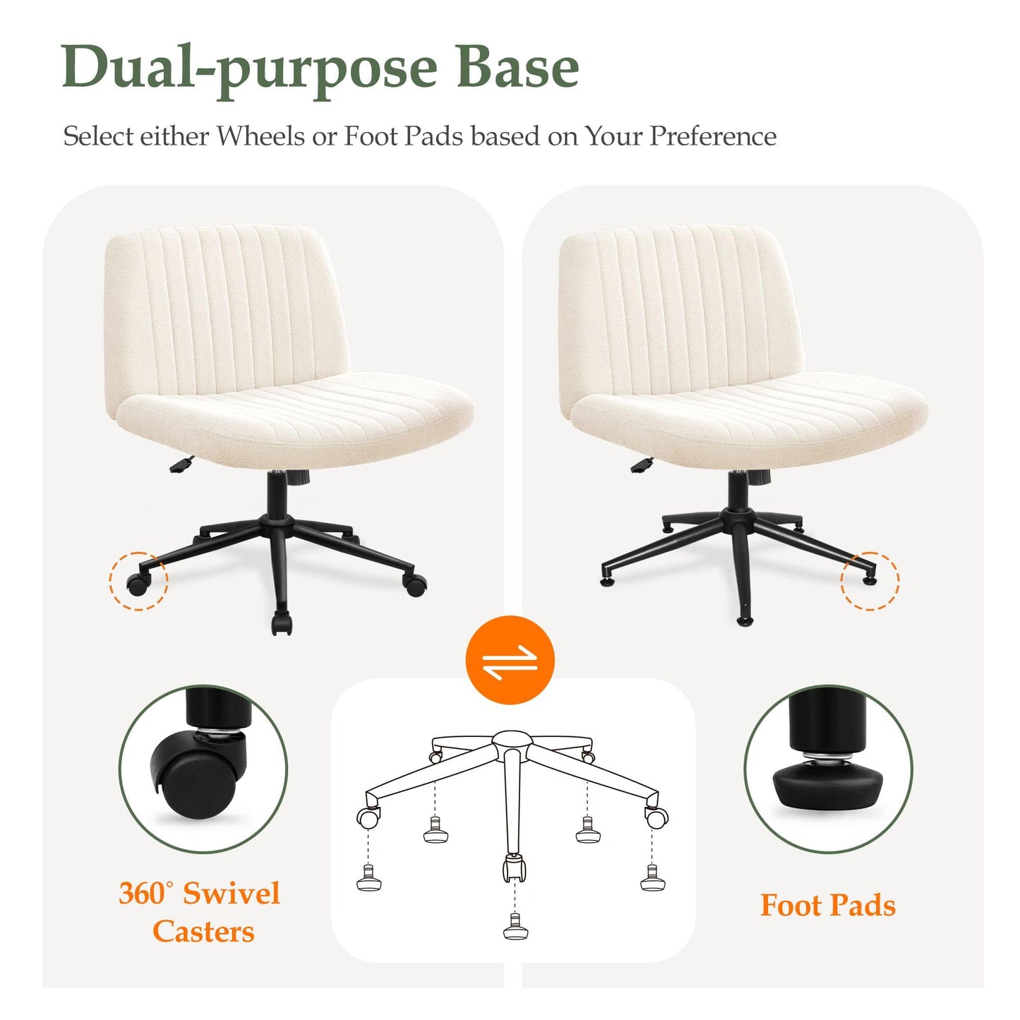 Orange Factory Criss Cross Chair Wheels Wide Cross Legged Office Desk Vanity Dual Base Comfy Fabric Armless Adjustable Swivel for Home Computer Task (Beige Dual Base, Fabric)