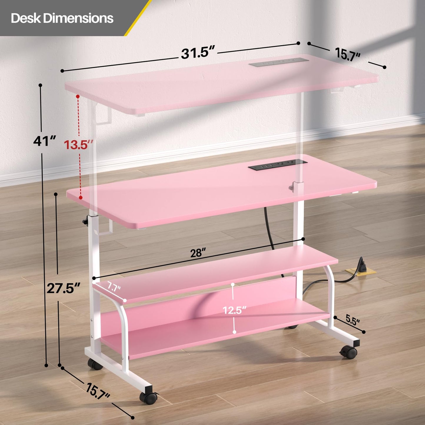 Armocity Rolling Standing Desk with Charging Station, Portable Height Adjustable Mobile Computer Desk with Wheels & 2-Tier Shelves & Hooks, Easy Assembly Laptop Table for Couch Bed, 32" Pink