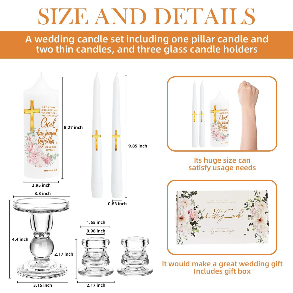 Musgsfbbs Wedding Candles for Ceremony with Glass Holders, Unity Wedding Candle Set with Matthew 19:6 & Gold Cross, Floral Pillar Candles for Catholic Wedding, Anniversary & Vow Renewal