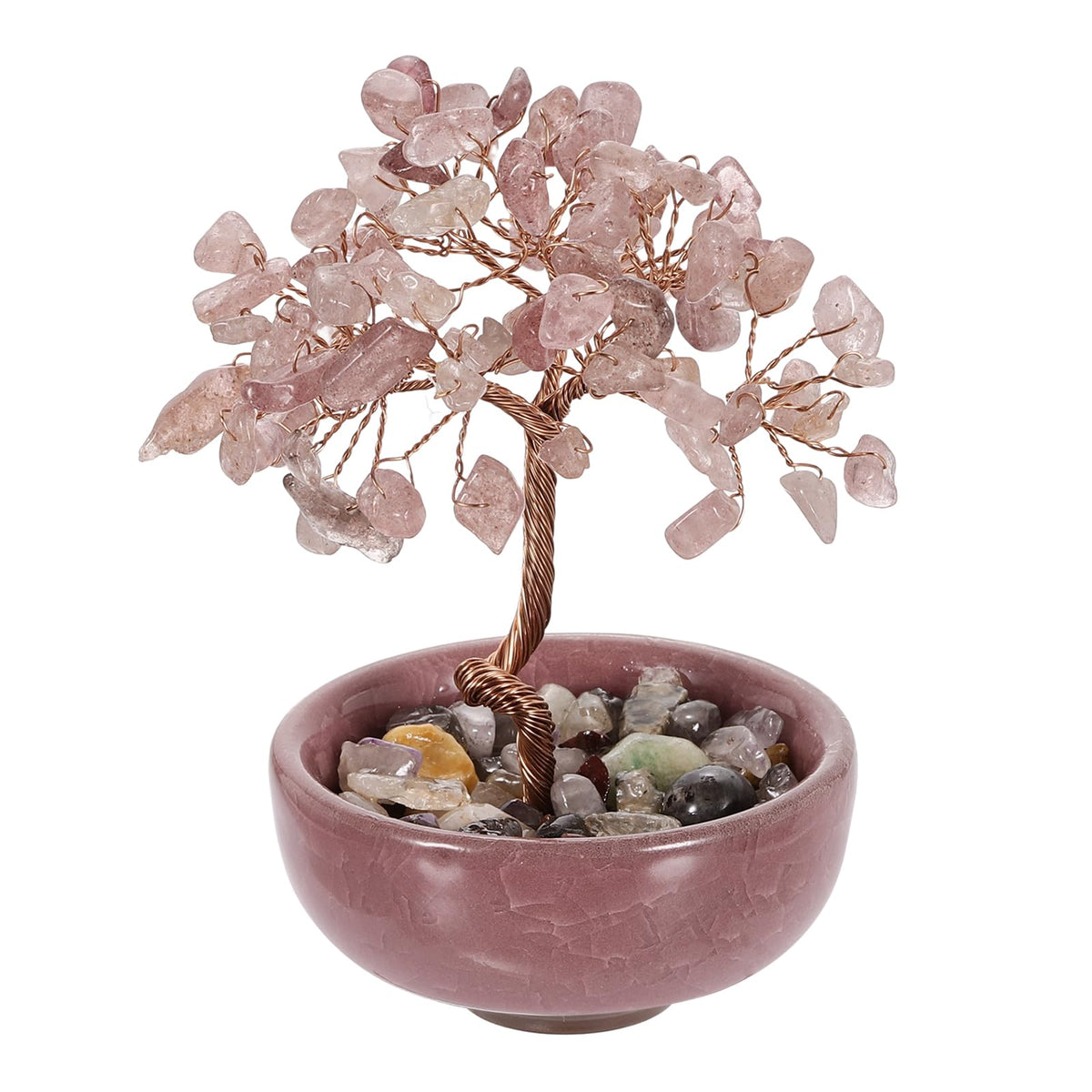 MECCANIXITY 7 Chakra Crystal Tree of Life, Natural Strawberry Crystal Gemstone Tree Handmade Feng Shui Bonsai with Agate Base for Positive Energy, Good Luck, Home Decor (4 x 2.4 Inch Pink)