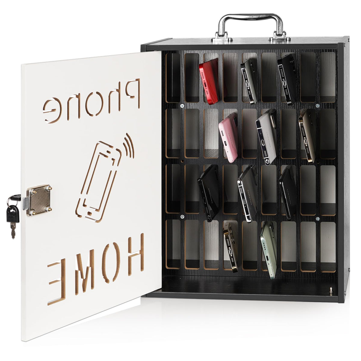 Lzttyee Cell Phone Holder Classroom 36 Slots Wooden Cell Phone Storage Cabinet Pocket Chart with Handle and Security Lock for Classroom Office (36 Grid Cabinet Black)