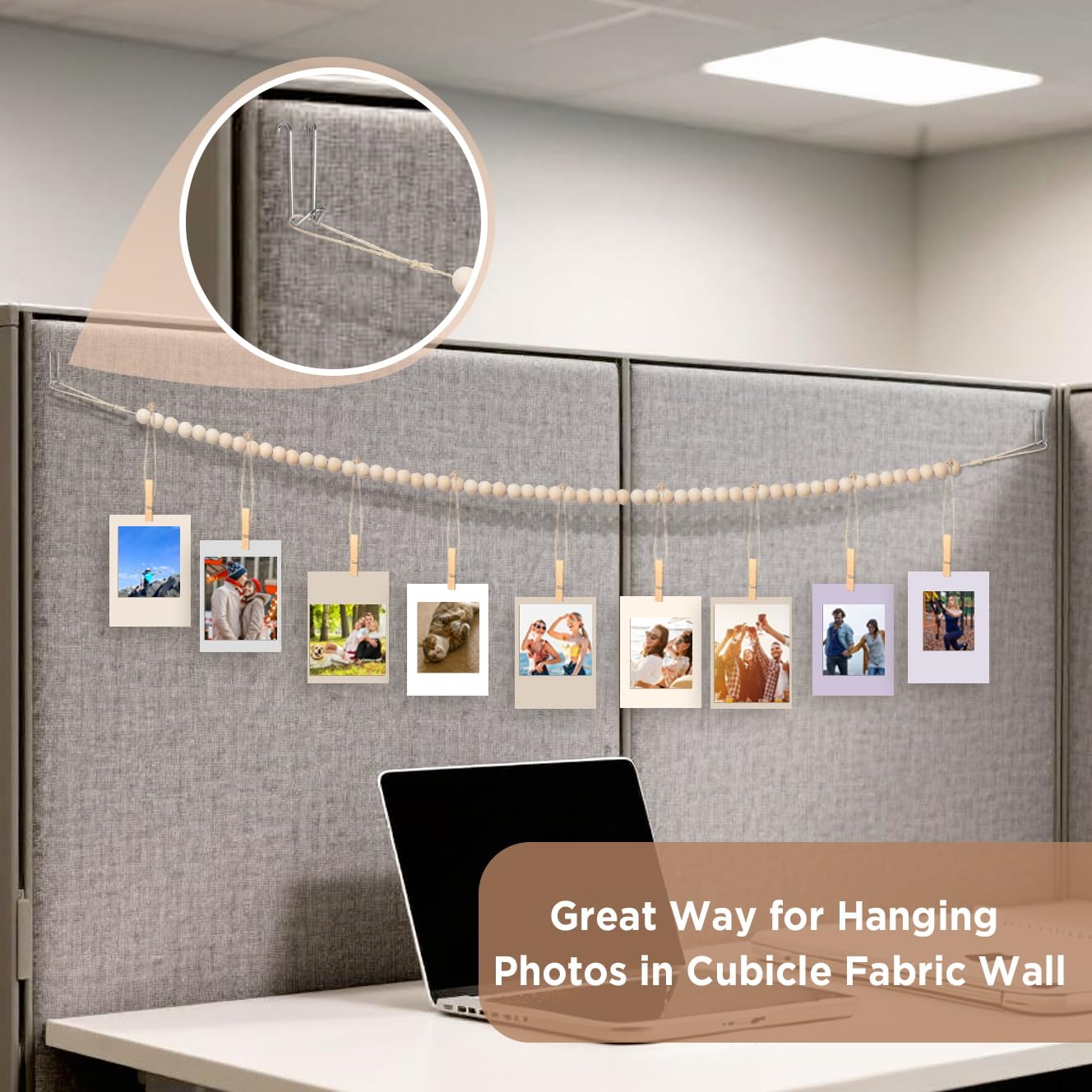 Office Cubicle Hanging Photo Display with Clips, 9 Wood Clips,2 Cubicle Clips for Fabric Wall, Photo Hanger for Boho Office Cubicle Decor, Boho Desk Decor