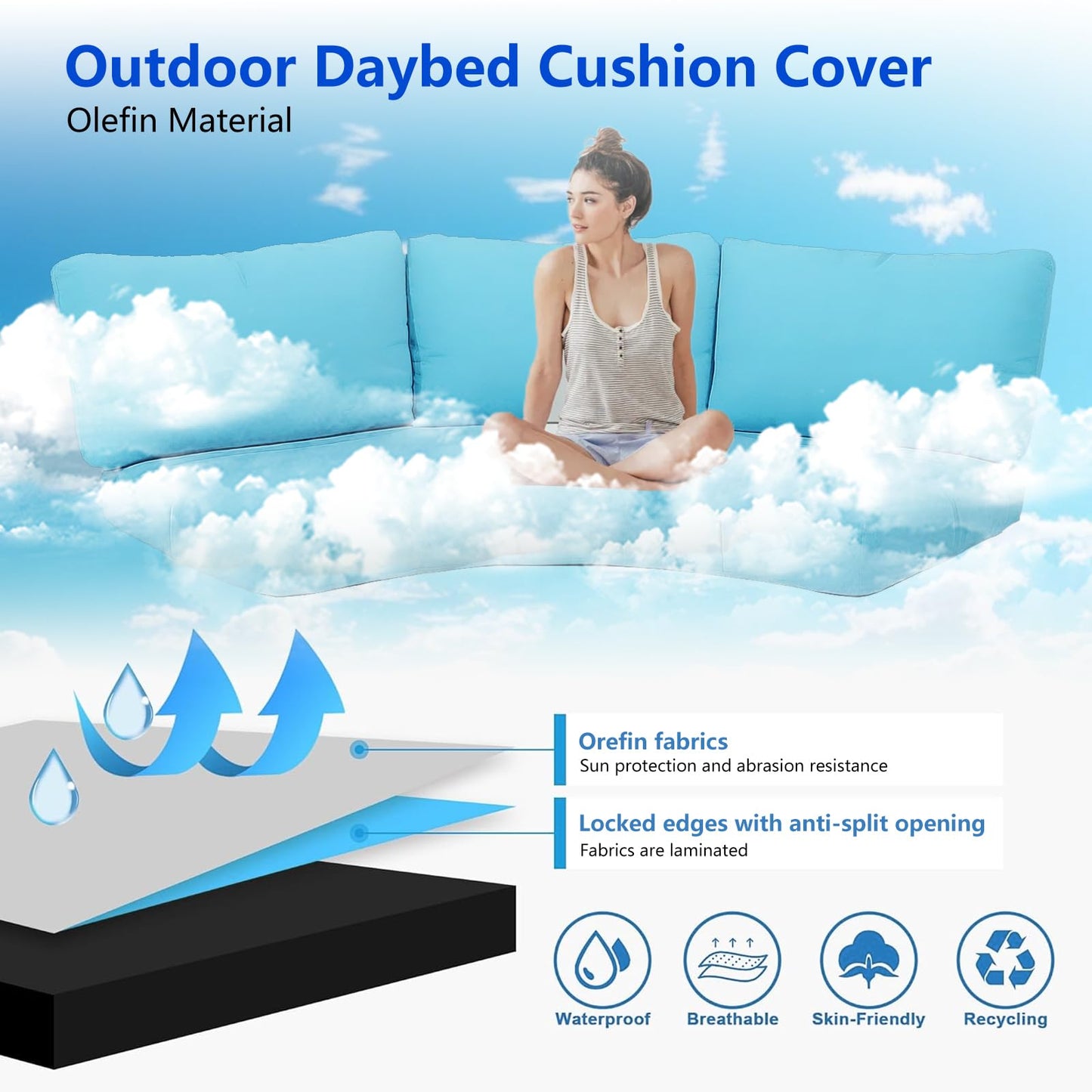 MFPMTUXO Outdoor Curved Sofa Cushion Cover with Zipper & Anti-Slip Particles, Half Moon Patio Furniture Cushions Covers Waterproof, Olefin Fabric-ONLY Cover (Aruba Blue, 77/40 * 28 * 5.3inch)