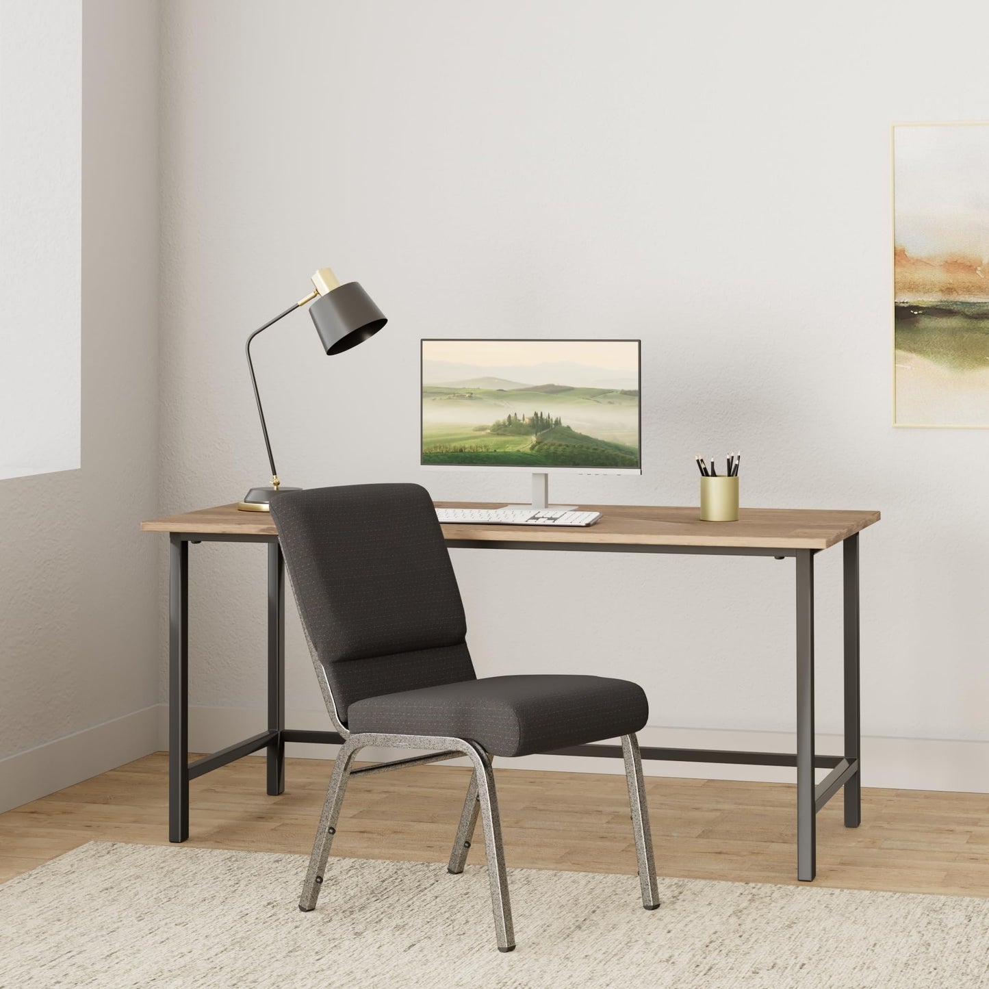 Flash Furniture 4 Pack HERCULES Series 18.5''W Stacking Church Chair in Black Patterned Fabric - Silver Vein Frame