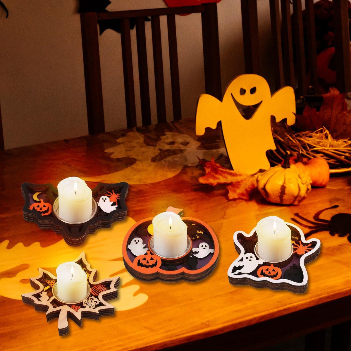 Halloween Tea Light Candle Holders 1PCS Wooden Ghost Tealight Holders with Metal Cups for Halloween Party, Table Centerpiece & Home Décor(White-Ghost)