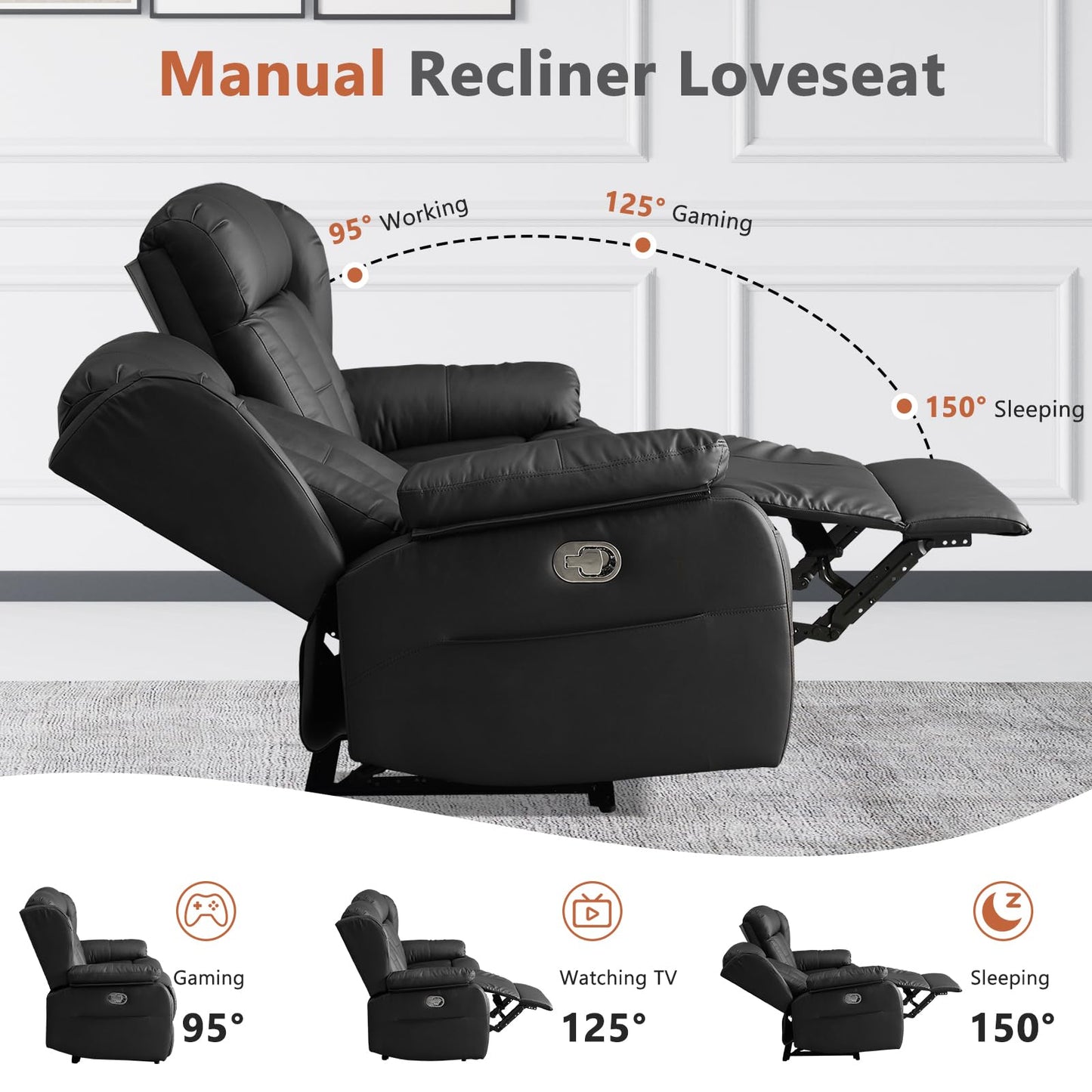 AHMED Reclining Loveseat with Console, Manual Double Recliner Sofa with USB Ports, Cup Holders and Side Pockets, Faux Leather Home Theater Seating Couch for Living Room, Black