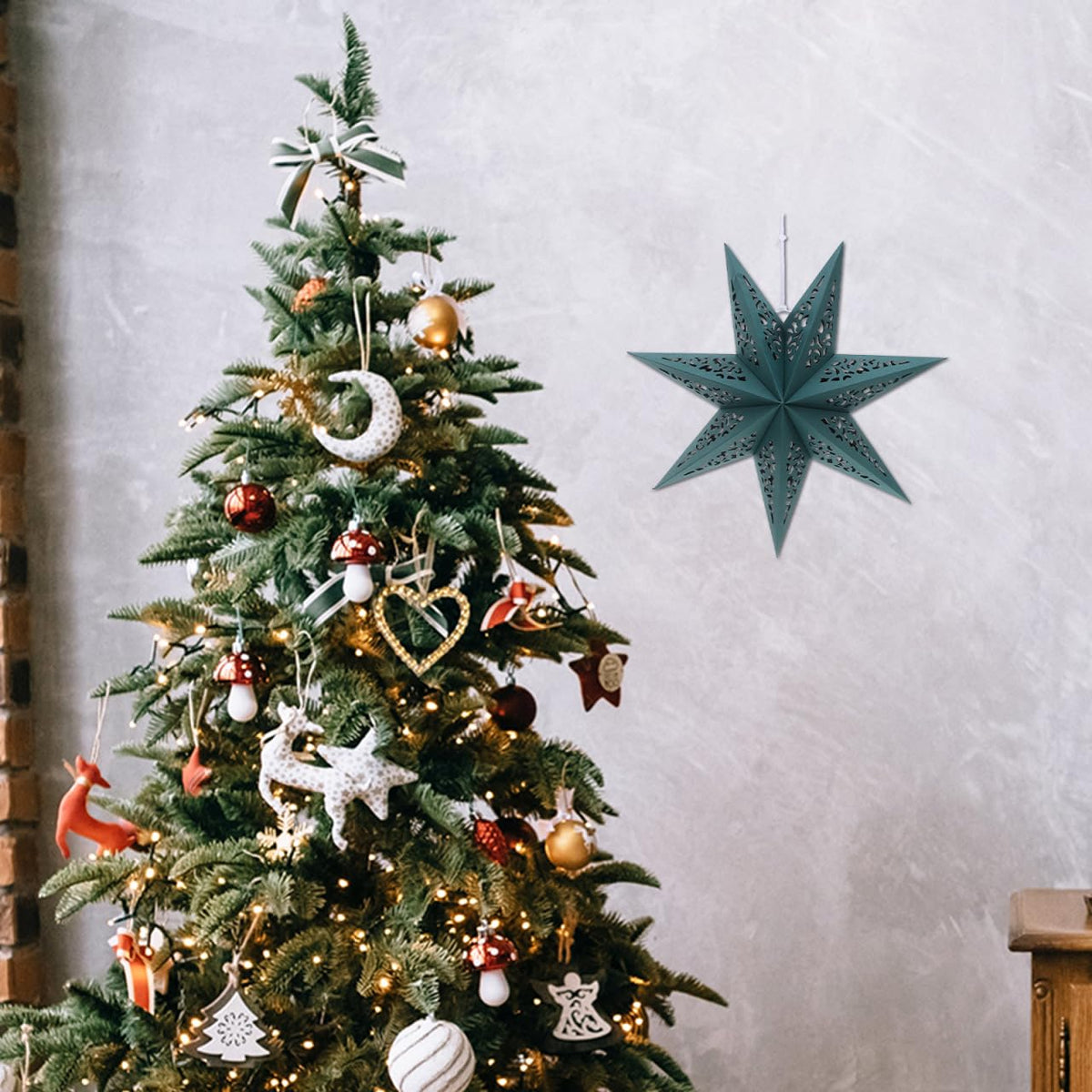 KALLORY 3 Pcs Christmas Star Paper Lantern Lampshade 7-Pointed Hollow Out Star Hanging Decoration for Christmas New Year Party Wedding Birthady Decor