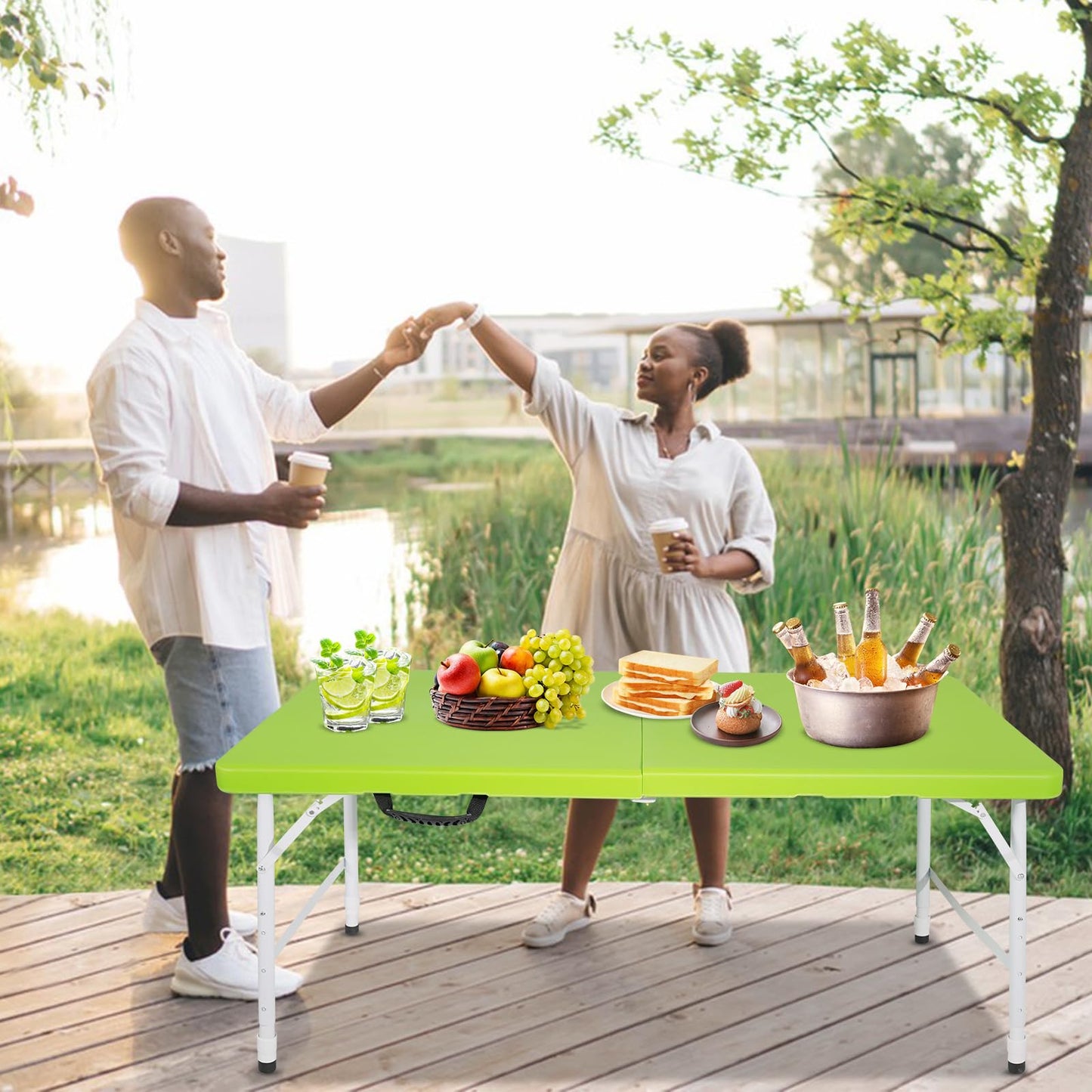 SculPong 4 FT Folding Table with Carry Handle, Portable Fold-in-Half Plastic Table, Rectangle Foldable Table for Indoor/Outdoor Green