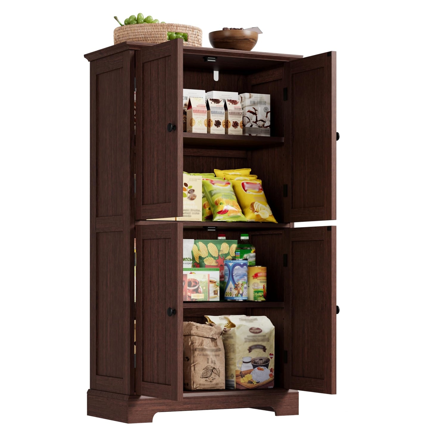 ChooChoo Bathroom Floor Cabinet, Farmhouse Bathroom Storage Cabinet with 4 Doors and Adjustable Shelves, Pantry Cabinet for Living Room, Kitchen, Walnut