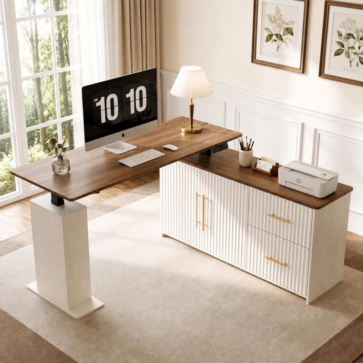 NORTHSKY 55" L Shaped Electric Standing Desk with Drawers and Storage Cabinet, Adjustable Height Corner Desk for Home Office, Brown Wood Grain and Distressed White Fluted Design