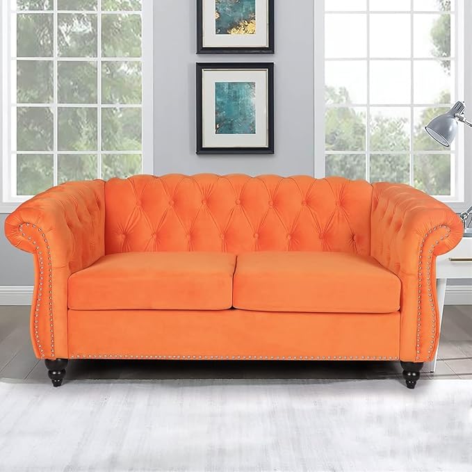 Mid-Century 2 Seater Sofa, Velvet Loveseat