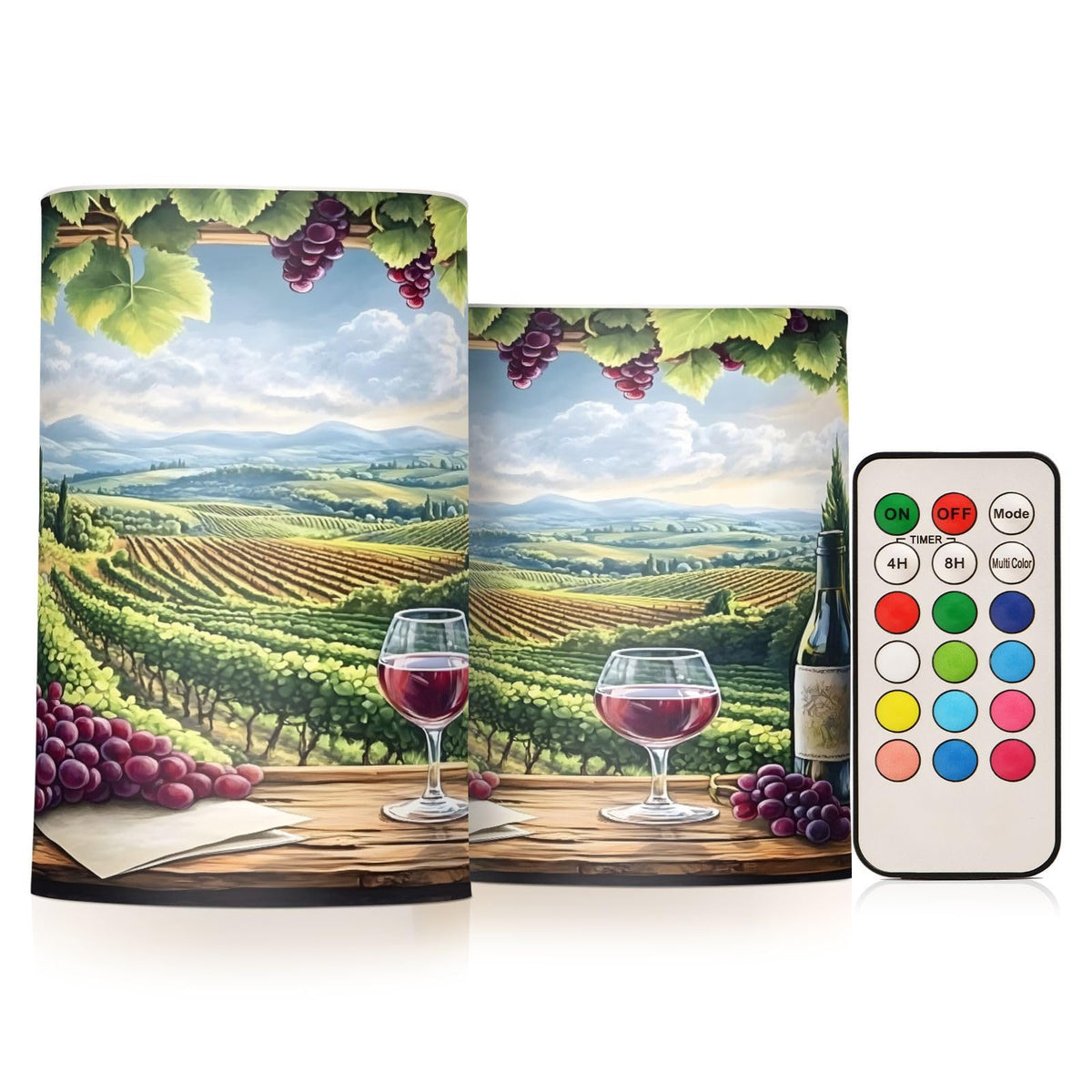ALAZA Flickering Flameless Candles Red Wine Bottles with Grapes Window Battery Operated Candles with Remote Timer LED Pillar Votive Candles Set of 2 for Holiday Decor