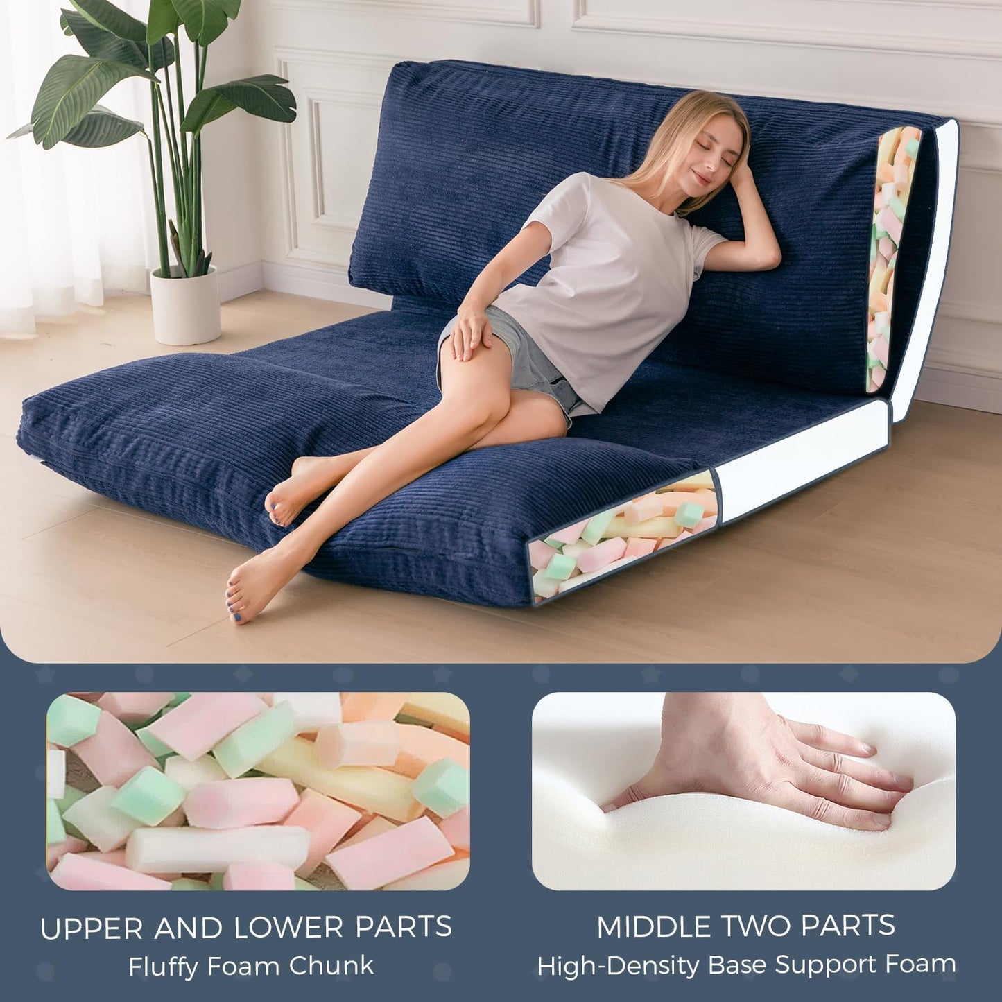 MAXYOYO Folding Sofa Bed, Floor Sofa Convertible Chair with Washable Cover, Floor Couch Lounge Bean Bag Chair Bed for Living Room, Navy, 30x91 Inch