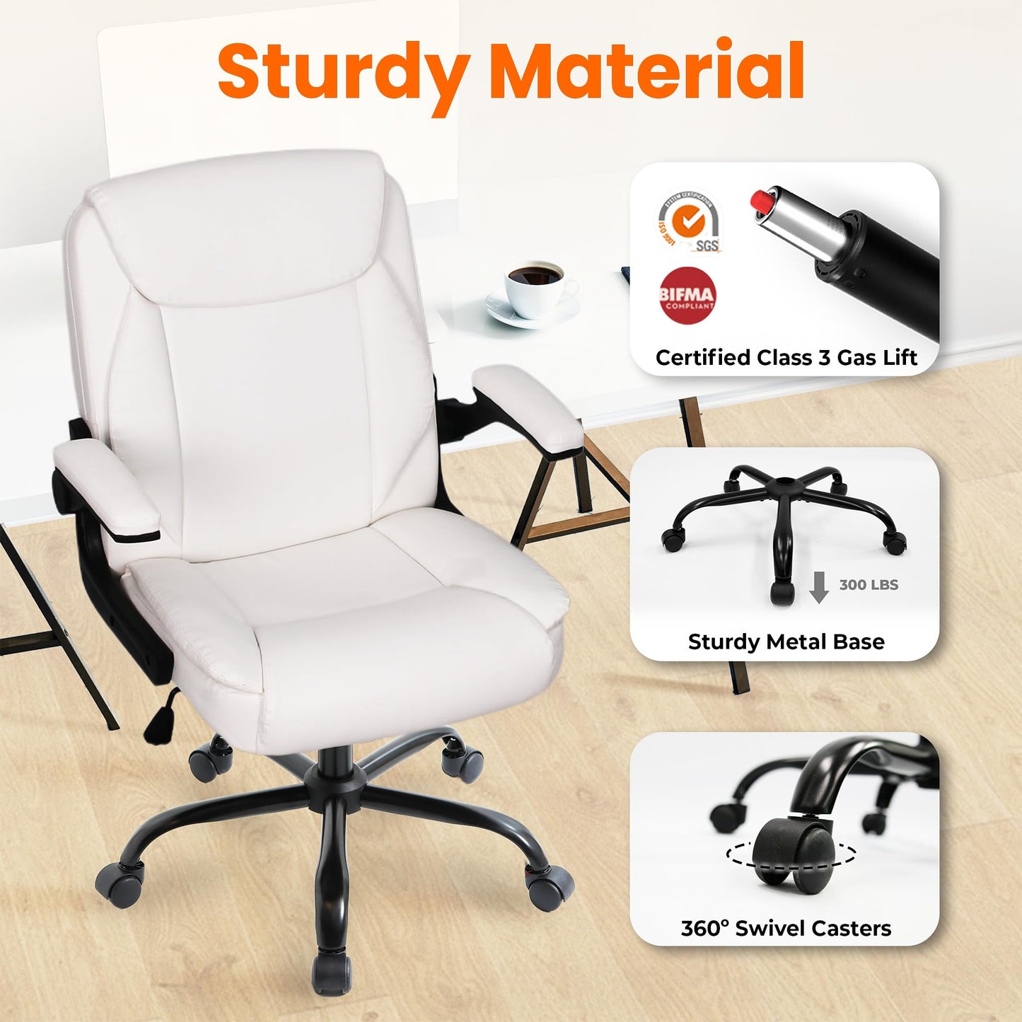 NEO CHAIR Desk Office Gaming Computer Chair Ergonomic Executive Mid-Back Leather with Adjustable Padded Flip-Up Armrests Cushion Wheels Swivel for Home Study Task (White)