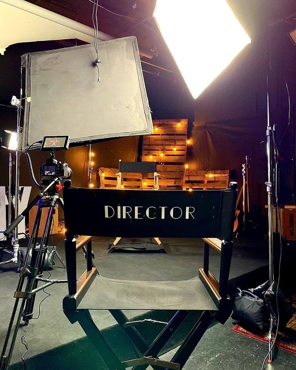Filmcraft Tall Black Director’s Chair – Professional Folding Makeup Artist Chair with Canvas Seat & Back – Hollywood Film Set, Photography Studio & Hair Stylist Director Chair (1, Blue Canvas)