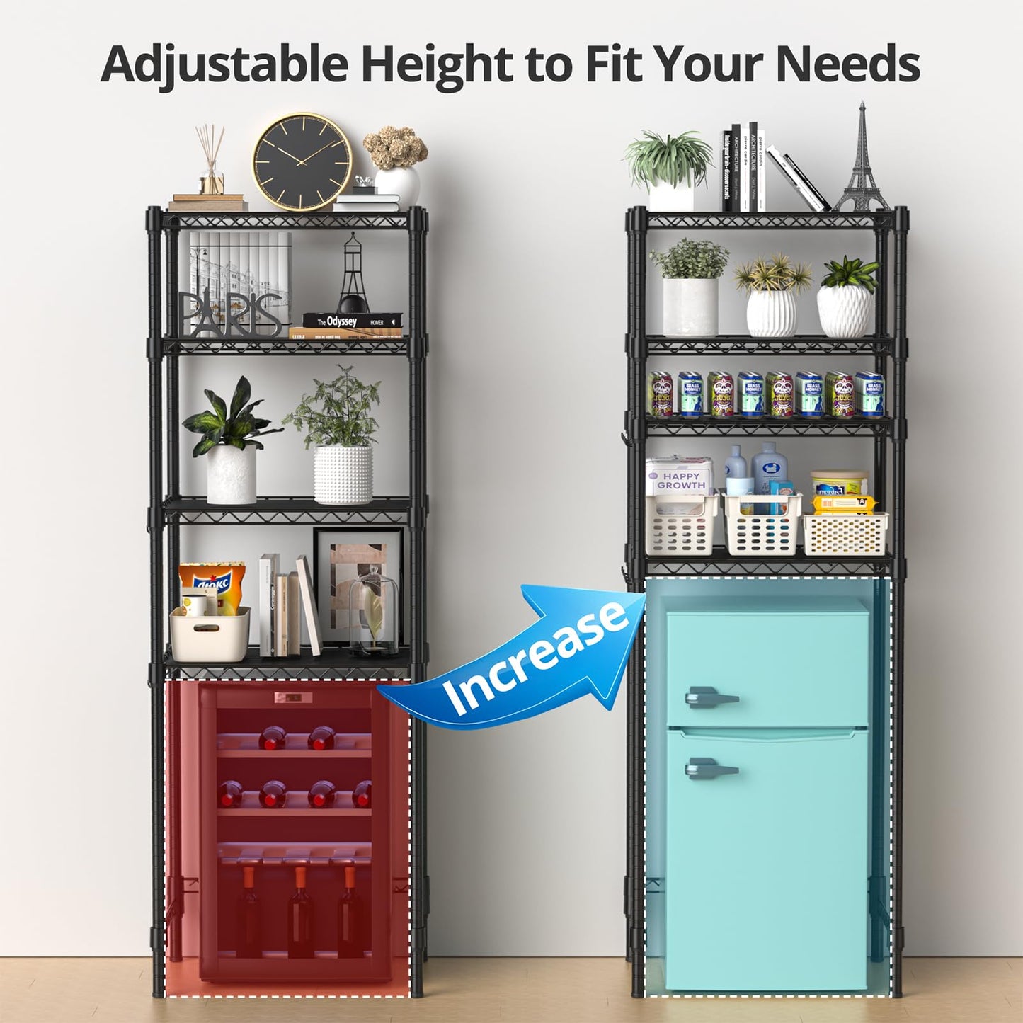 Hodonas 4-Tier Mini Fridge Shelf, Heavy Duty Adjustable Storage Shelf, Ultimate Organizer Rack for Mini Fridge, Microwave & Appliances, Maximizes Space Saver in Dorm, Kitchen, Office & Garage, Black