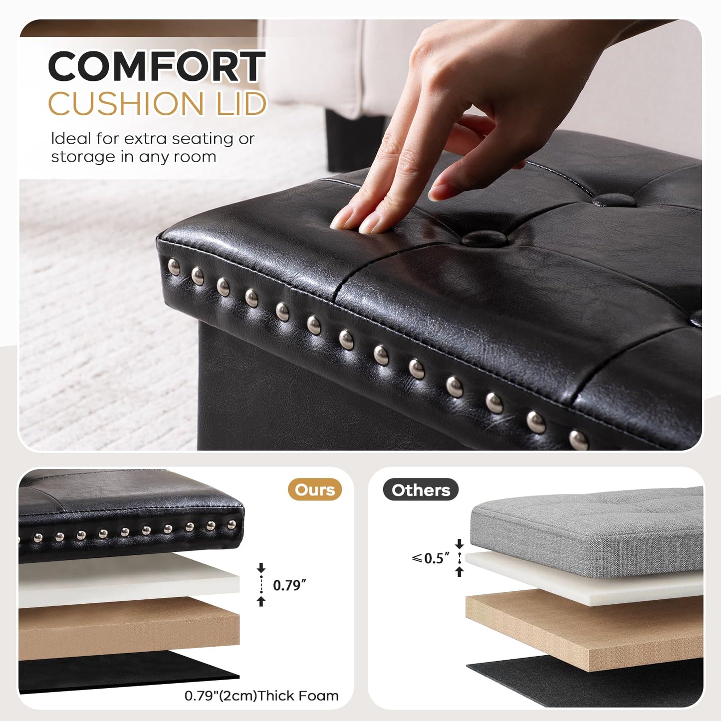 oakvivo Folding Storage Ottoman Bench 30in, Leather Foot Rest Stools Ottoman with Storage, Coffee Table, End of Bed Bench Footstool for Living Room, Bedroom, Load 330 lb, 30x15x15 inches, Black