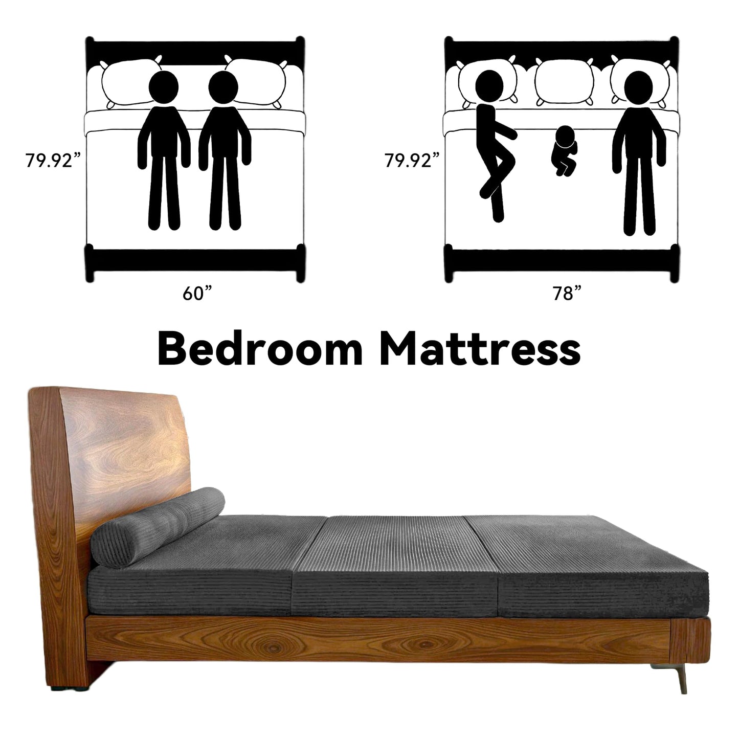 Grey 5-in-1 Convertible Sofa Bed, 60" Boneless Couch Tri Folding Mattress with Removable L-Shaped Armrests, Modern Corduroy Futon Couch Sleeper with Pull Out Bed for Living Room Bedroom Apartment