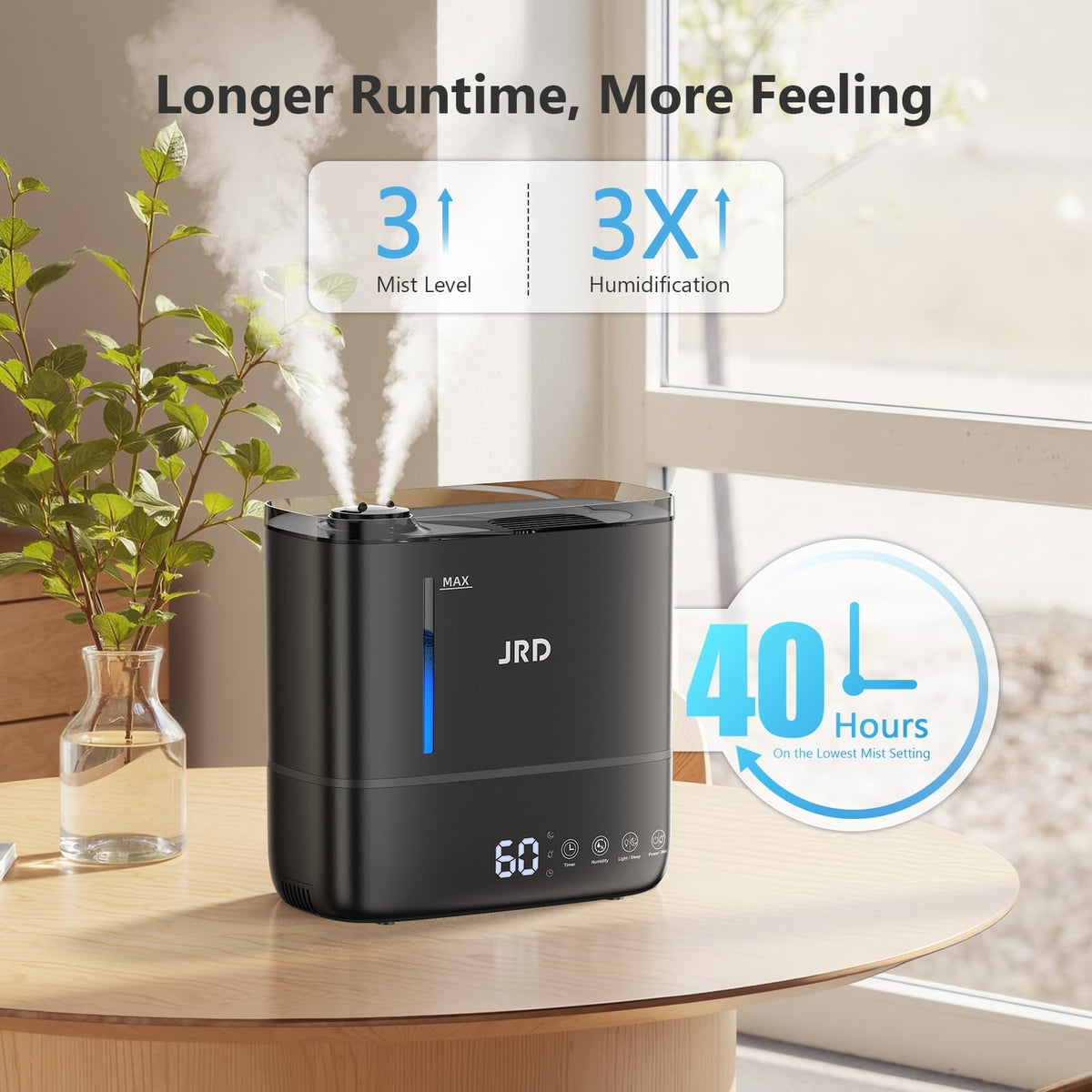 JRD Humidifiers for Bedroom, Ultrasonic Humidifier 4L for Large Room, Cool Mist Top-Fill, 40H Run, 12H Timer, 360° Nozzle, Aroma Diffuser, 7-Color Night Light for Home, Office, Baby, Pets, Plants