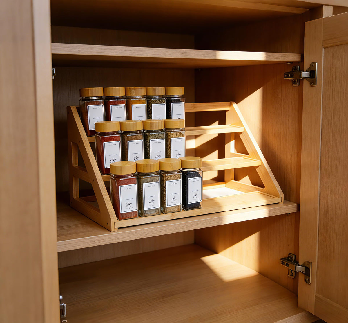 Rasydyn Bamboo Tier Spice Rack Organizer: 17.5 Inch Wide Kitchen Cabinet Countertop Spice Jar Organizer for Home Organization