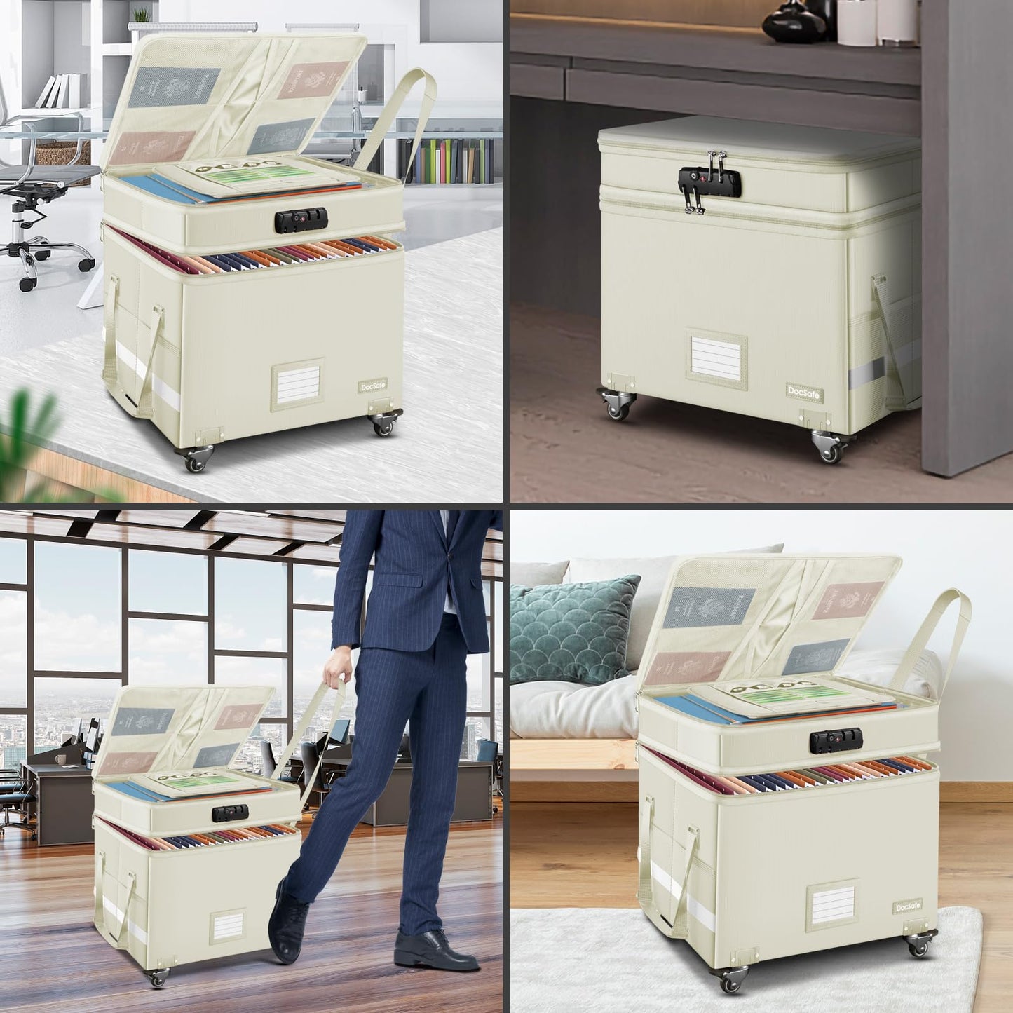 DocSafe Fireproof Document Box with Lock,2-Layer File Box with Wheels,Collapsible File Storage Organizer with Pockets,Large Portable Office Filing Cabinet for Hanging Folders,Beige,16''x13.8''x12.2''