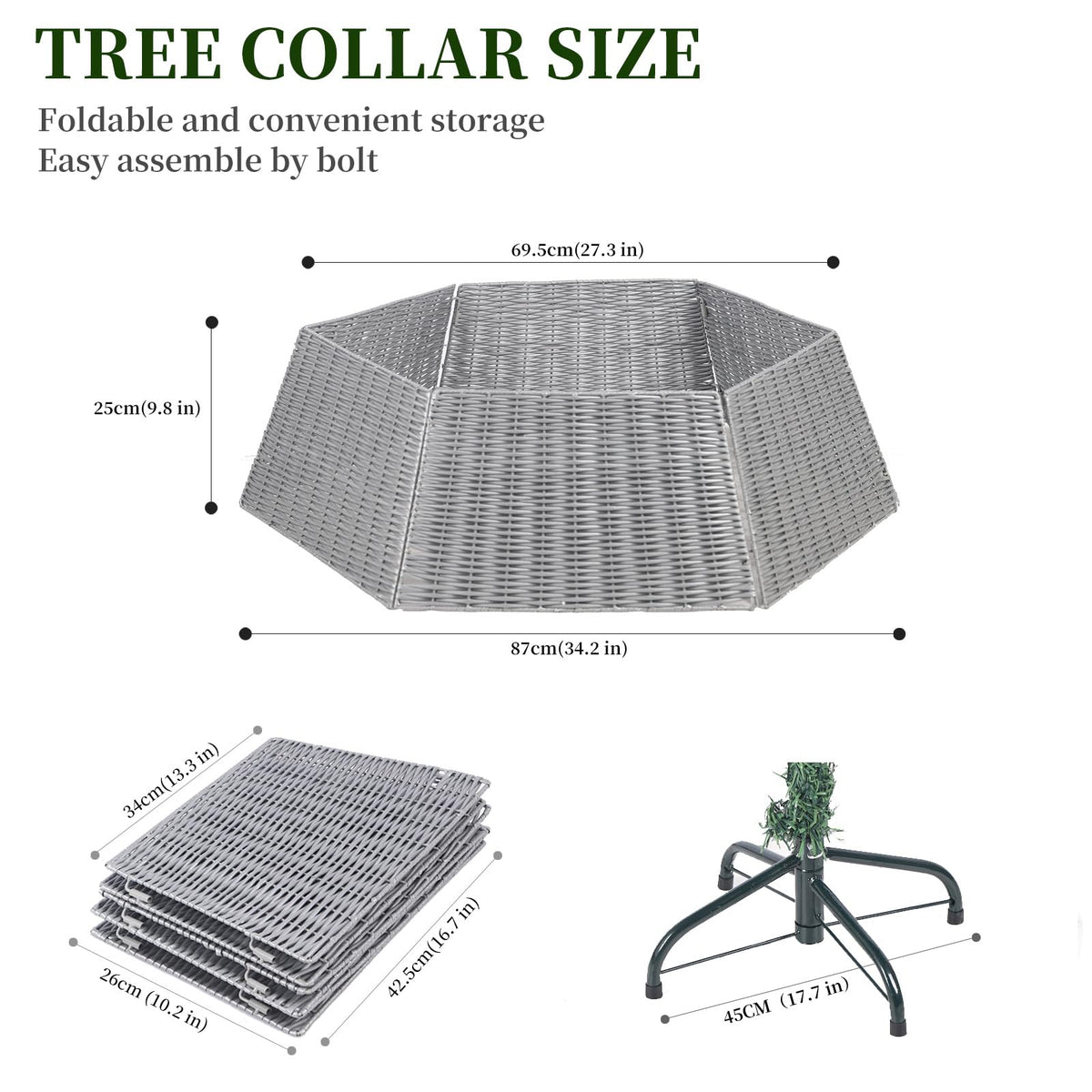 Vencer 34.2''Christmas Tree Collar,Plastic Rattan Xmas Tree Skirt,Rustic Decorations,Tree Skirt Base for Christmas Tree Decorations,Grey,CTS-G010