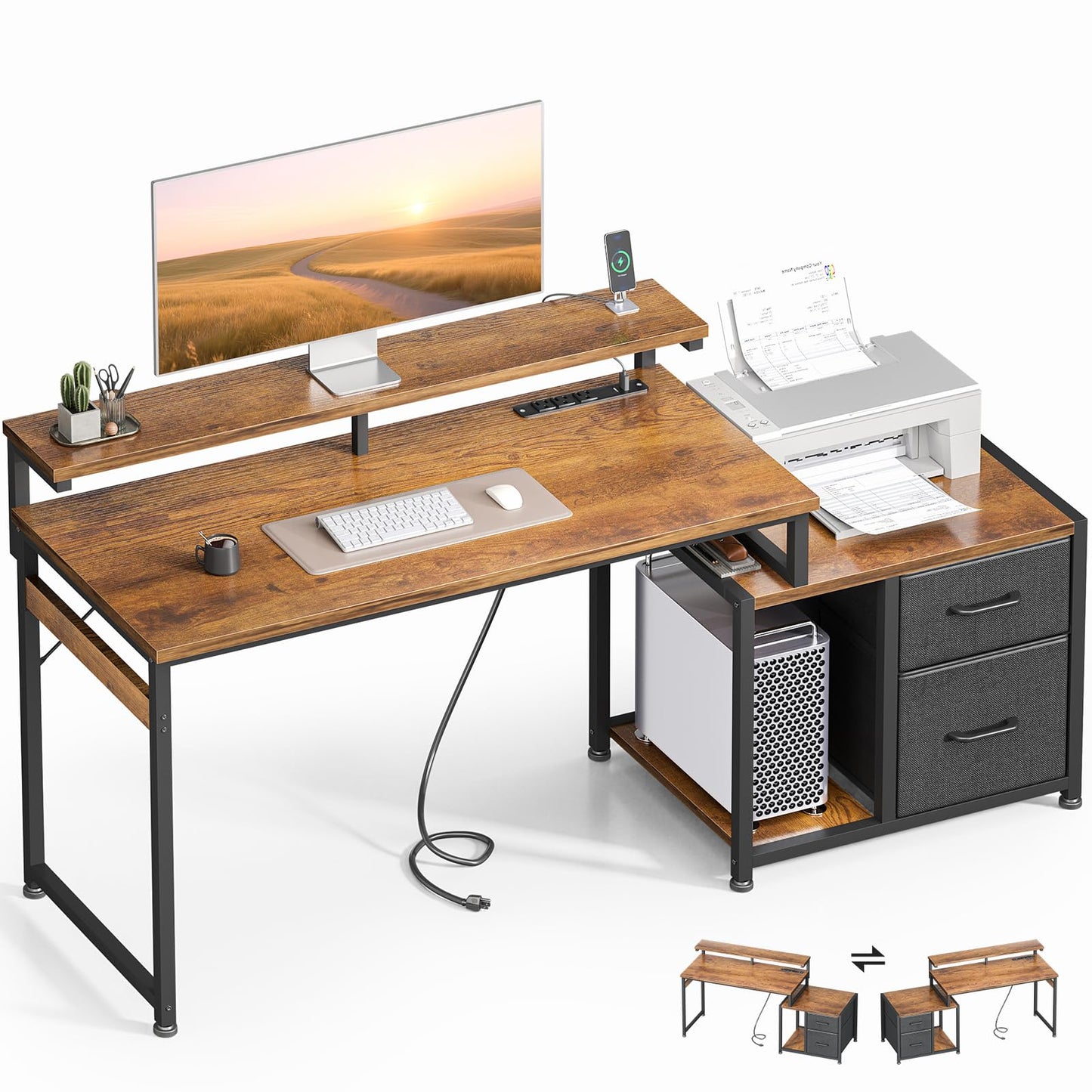 AODK Computer Desk with Printer Shelf, 55 Inch Office Desk with Drawers & Power Outlet, Rustic Brown