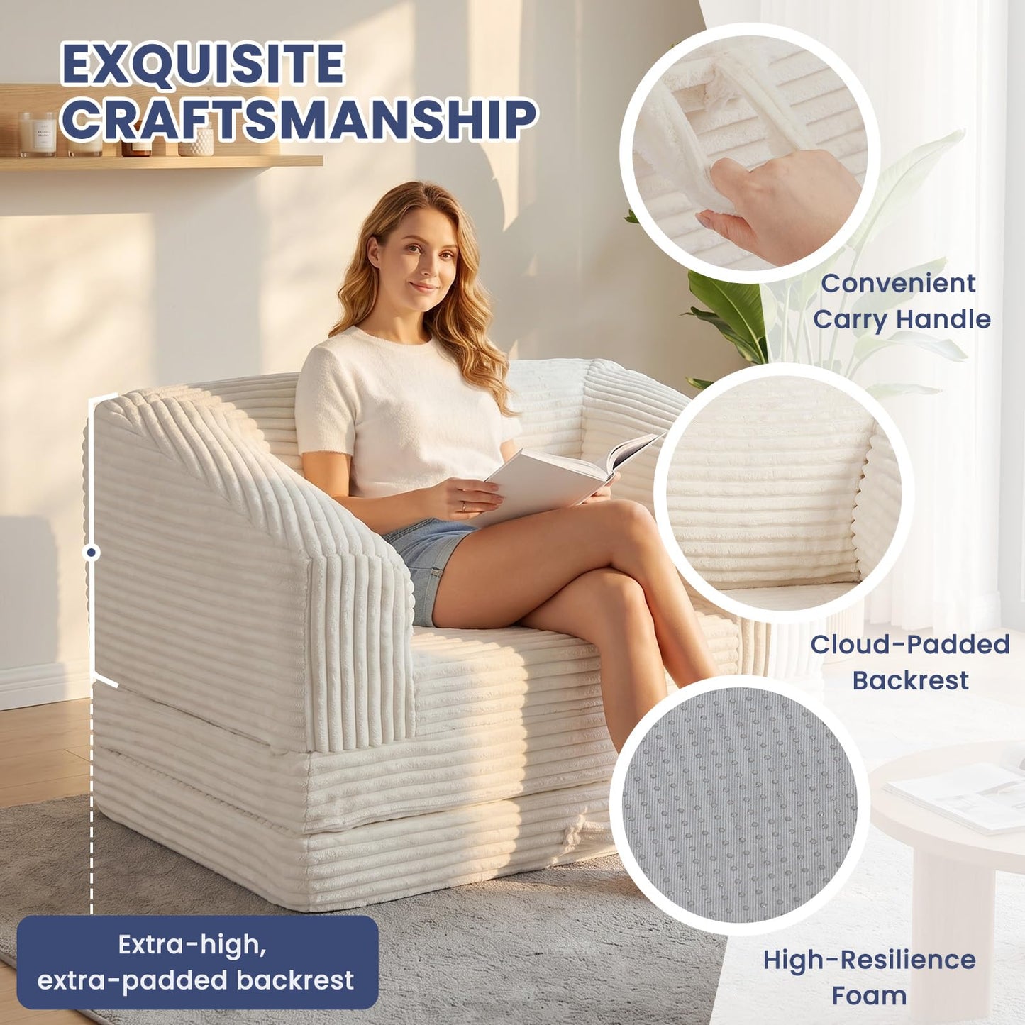 AOLVDOW Convertible Folding Sofa Bed, 2-in-1 Single Boneless Sofa with Soft Corduroy & Ultra-Thick Backrest, Foldable Boneless Chair Lounger Sleeper Sofa for Small Apartment, Living Room, Home Office