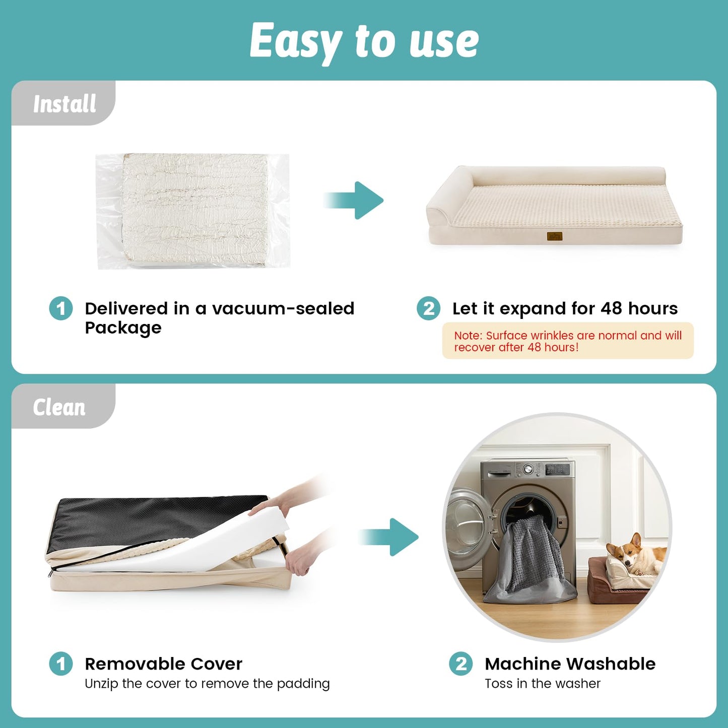 COZY KISS Orthopedic Dog Bed for Large Medium Size Dog, Dogs Crate Bed, L Shaped Foam Anti-Slip Bottom Pet Cat Sofa with Washable Removable Cover, Suitable for Pet Up to 75 lbs, 36x27x6.5 inch, Beige