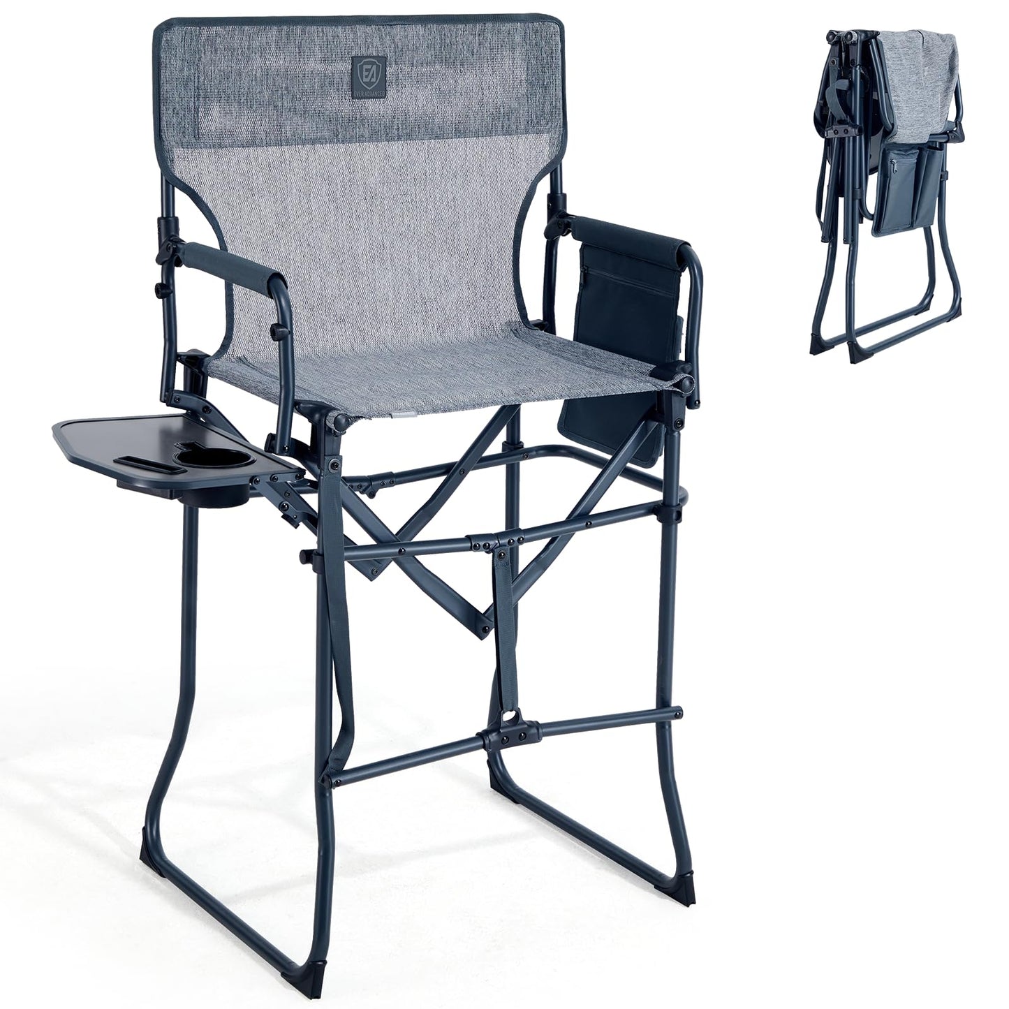 EVER ADVANCED Portable 30.7" Seat Height Tall Folding Camping Chair Directors Chair High Foldable Bar Stool with Side Table for Makeup Artist, Sports Event, Craft Show, Stretch Mesh, Supports 350LBS
