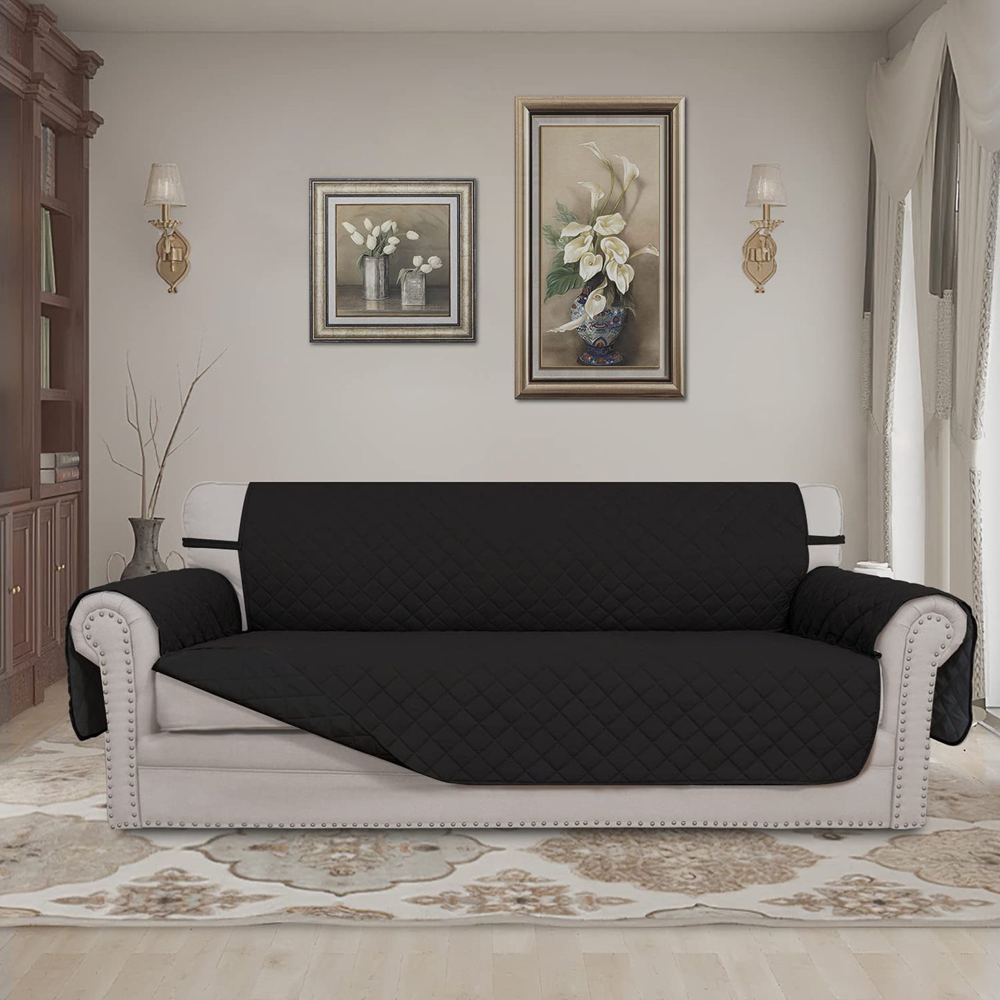 Easy-Going Reversible Couch Cover for 3 Cushion Couch Sofa Cover for Dogs Water Resistant Furniture Protector Cover with Foam Sticks Elastic Straps for Pet Cat (Sofa, Black/Black)