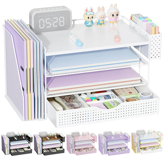 gianotter Wood Desk Organizers and Accessories with File Holder, 4-Tier Desk Accessories & Workspace Organizers with Drawer and Pen Holder, Desk Reference Organizer (White, 4T with Drawer)