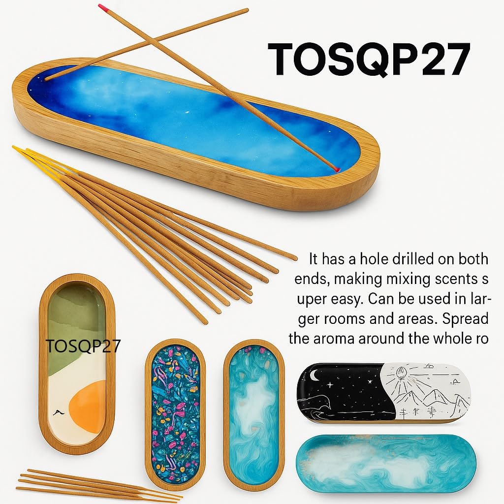 TOSQP27 Incense Burner Holder Ash Catcher for Sticks, Home Incent Burner Wooden Handmade Modern Gift Wood Decor – Blue Resin Art Tray | for Aromatherapy, Meditation, Yoga & Home Fragrance Decorative
