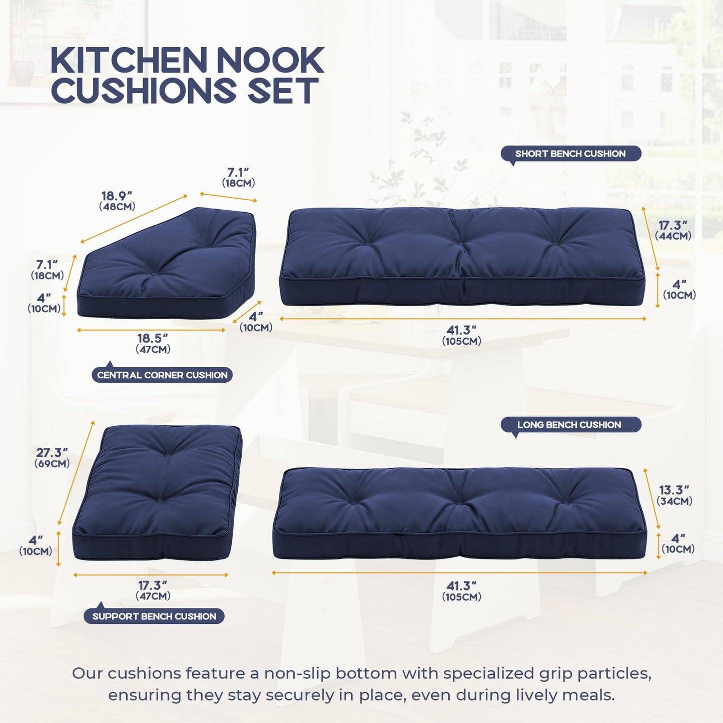 CTLAMK Breakfast Nook Cushions Set of 4, Waterproof Oxford Fabric Kitchen Nooks Cushions, Soft Polyester Filling Cozy Supportive Nooks Cushion, Breakfast Nook Cushion Cozy Dining Area Seating,Blue