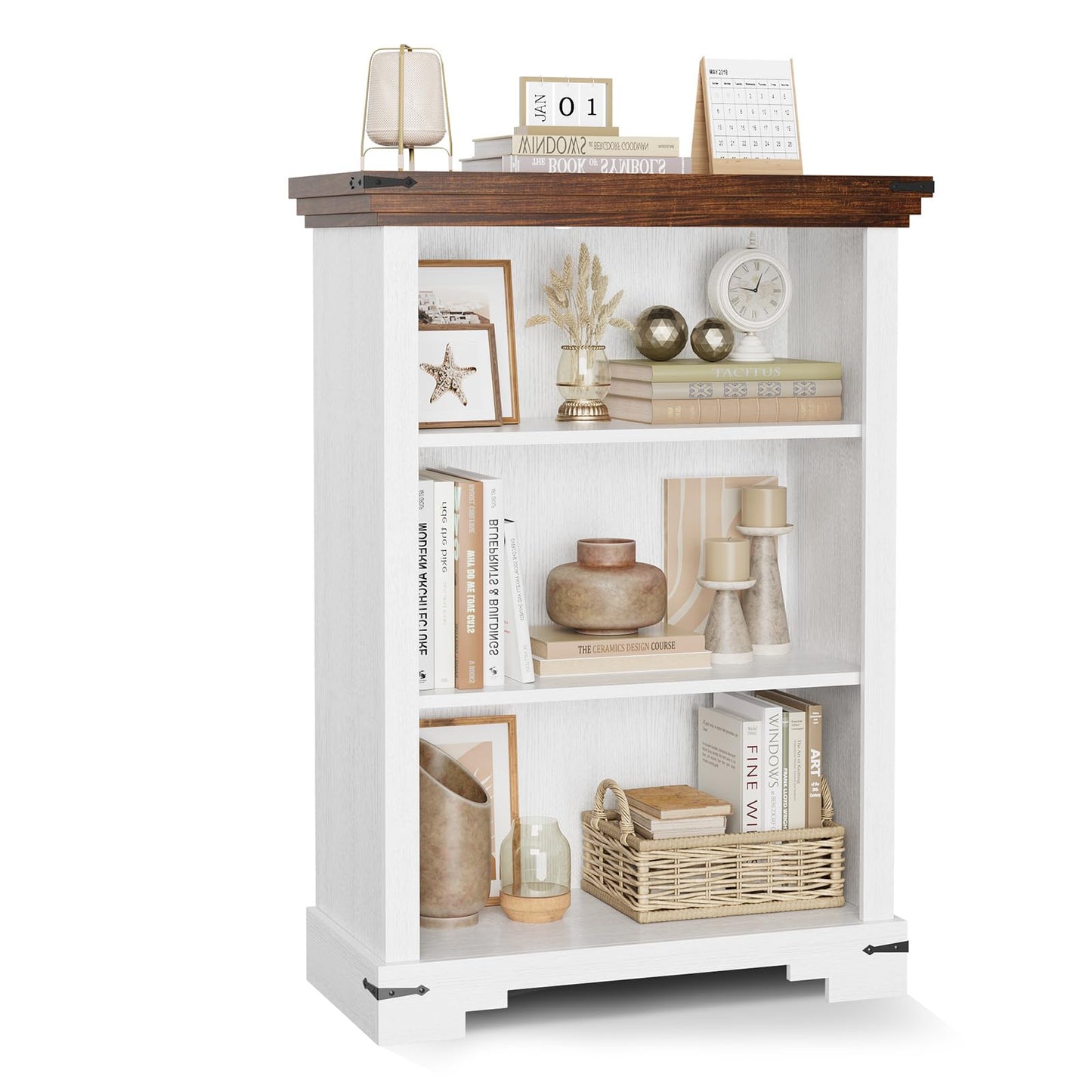 HOTLUU 3-Tier Farmhouse Bookshelf, Book Shelf with Open Storage & One Adjustable Shelf, 9.8" D x 26" W x 38" H, Wooden Bookshelf for Study Room, Living Room, Kitchen, Bedroom (White)