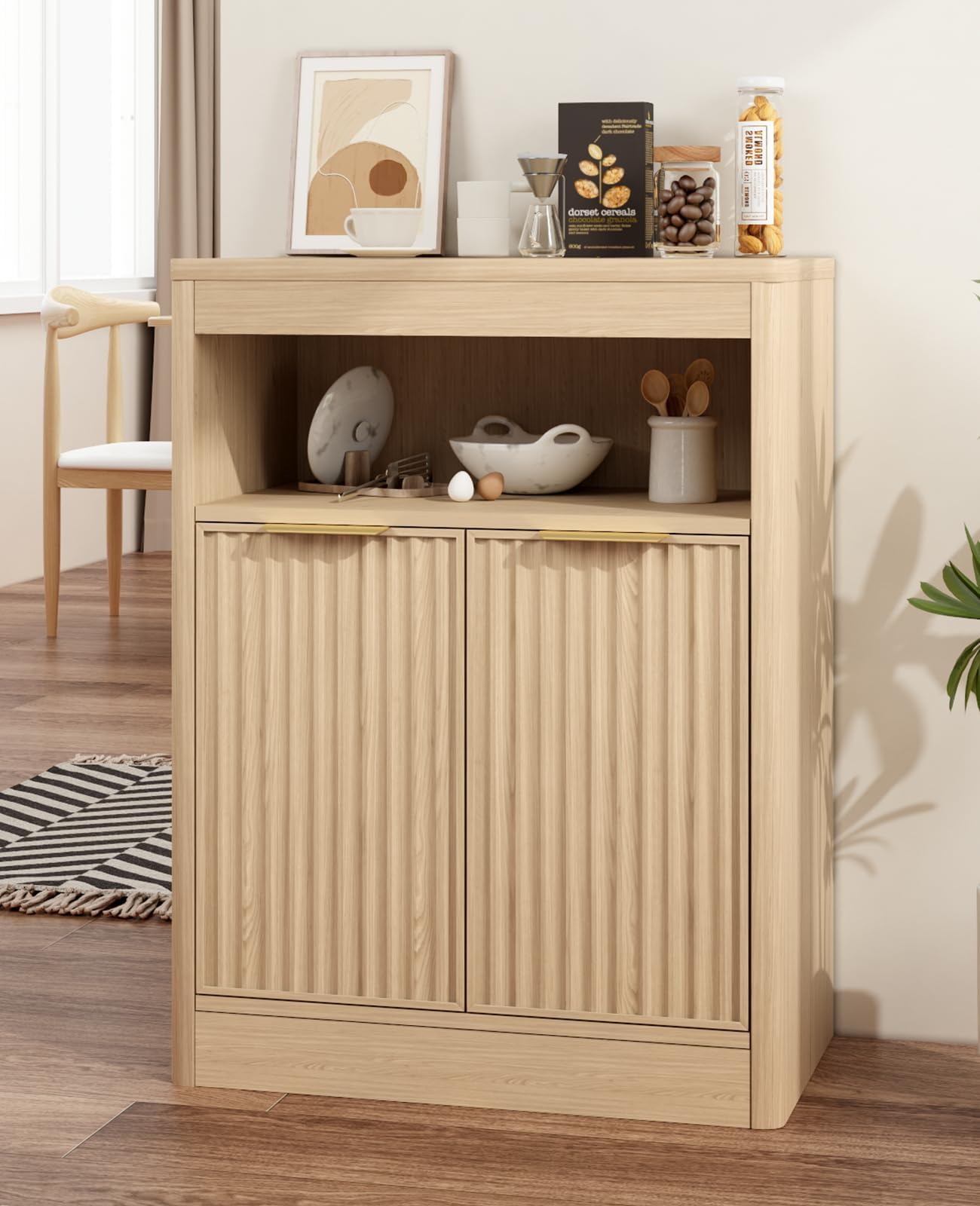 AURINEST Fluted Buffet Cabinet with Storage, Small Coffee Bar Cabinet with Doors & Adjustable Shelves, Wood Storage Cabinet for Kitchen, Living Room, Entryway, Oak
